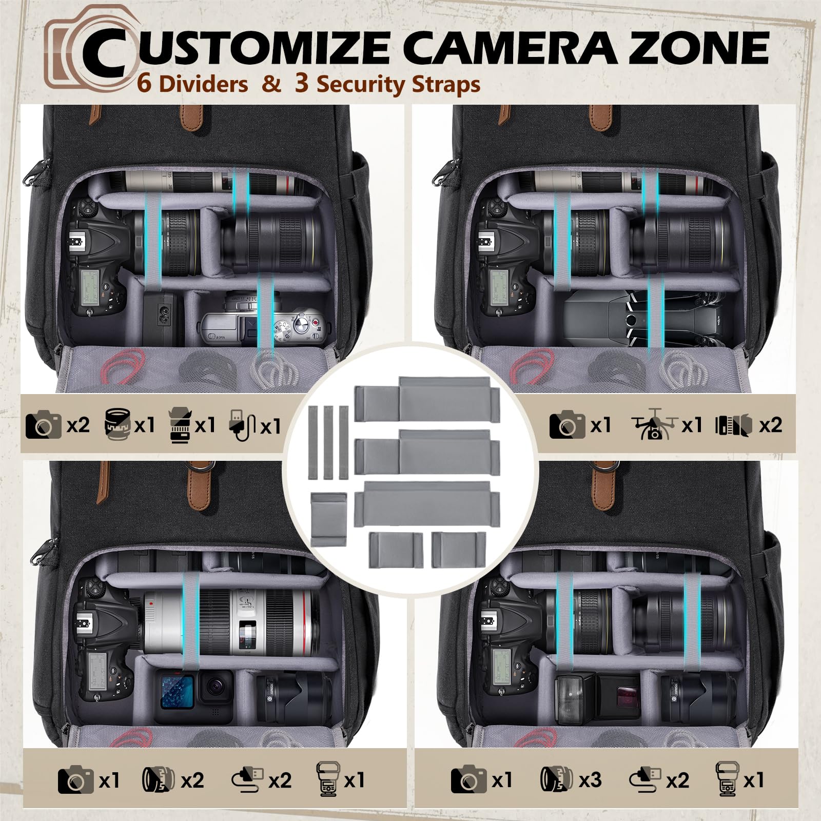 RAINSMORE Camera Bag Backpack for DSLR/SLR Mirrorless 15.6 Inch Laptop Camera Back Pack for Photographers Anti-Theft Photography Bags Case with Tripod Holder & Rain Cover, Black