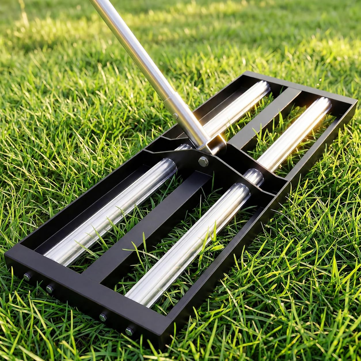 Rasen-Nivellierrechen Edelstahl mit Alurolle | Lawn Leveling Rake with Stainless Steel Head & Adjustable Handle for Lawn Care, Soil Sand Leveling, 76,2 cm