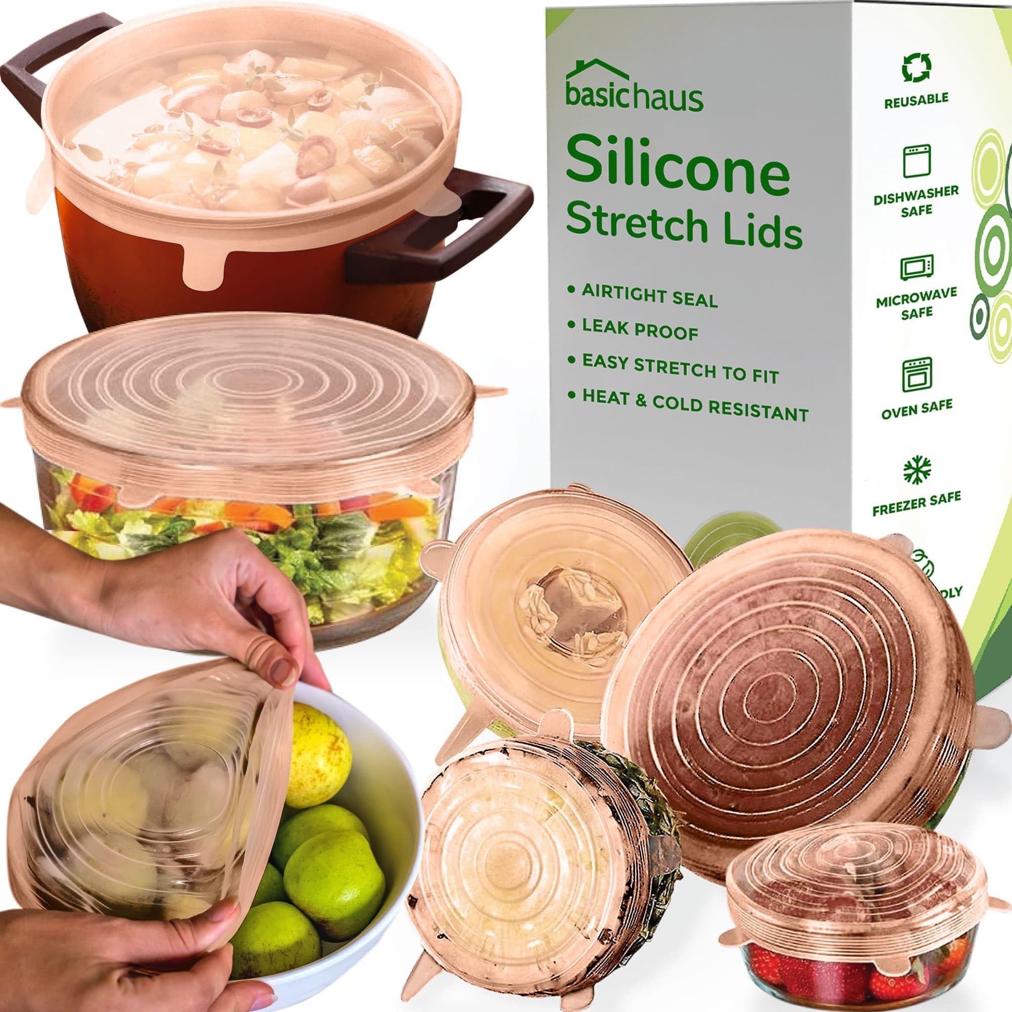 Reusable Silicone Stretch Lids for Food Storage in Fridge - Elastic Heat-Resistant Bowl Covers, Cups, Cans, Jars - Universal Food Grade Lid for Containers - 7 Pack - Apricot Stretchy Lid Set