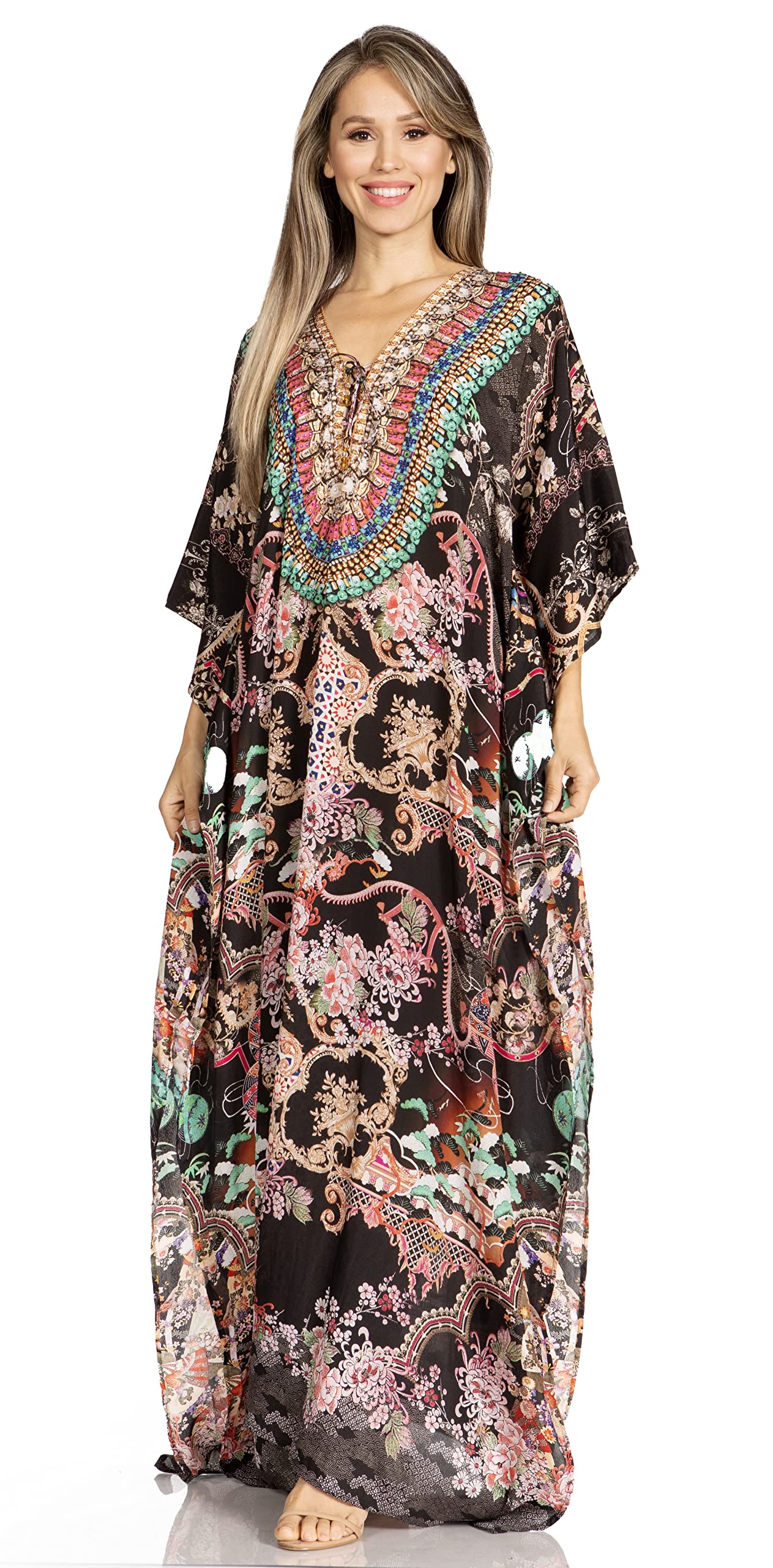 Sakkas Yeni Women's Short Sleeve V-Neck Summer Floral Long Caftan Dress Cover-up