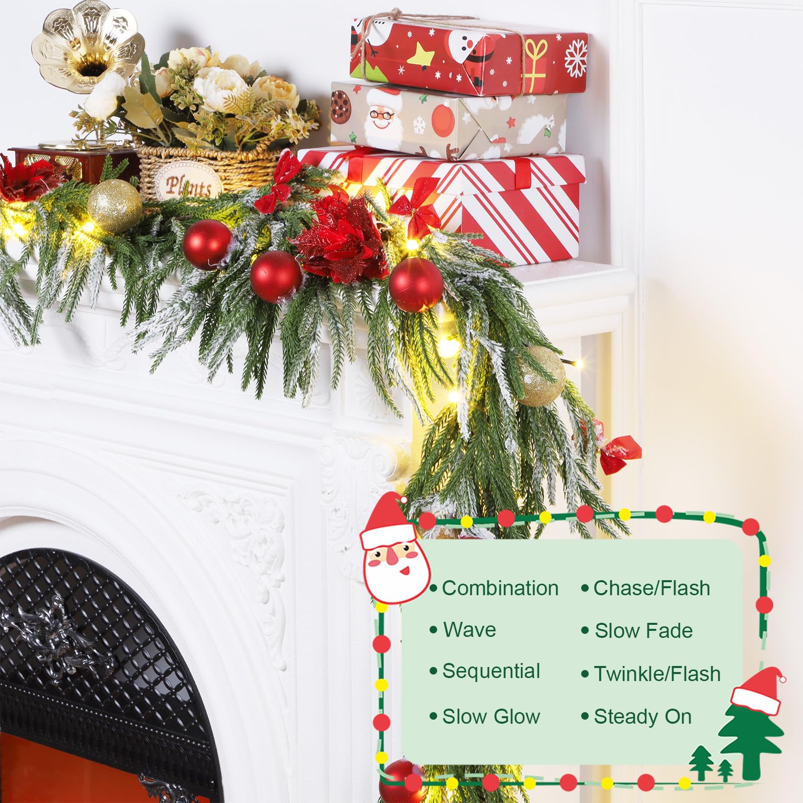 VIHOSE Guirnalda de Navidad de 6 pies con luces, superficie artificial preiluminada de Navidad con lazos rojos, flores, bolas de Navidad para chimeneas, escaleras, barandillas, hogar, Navidad