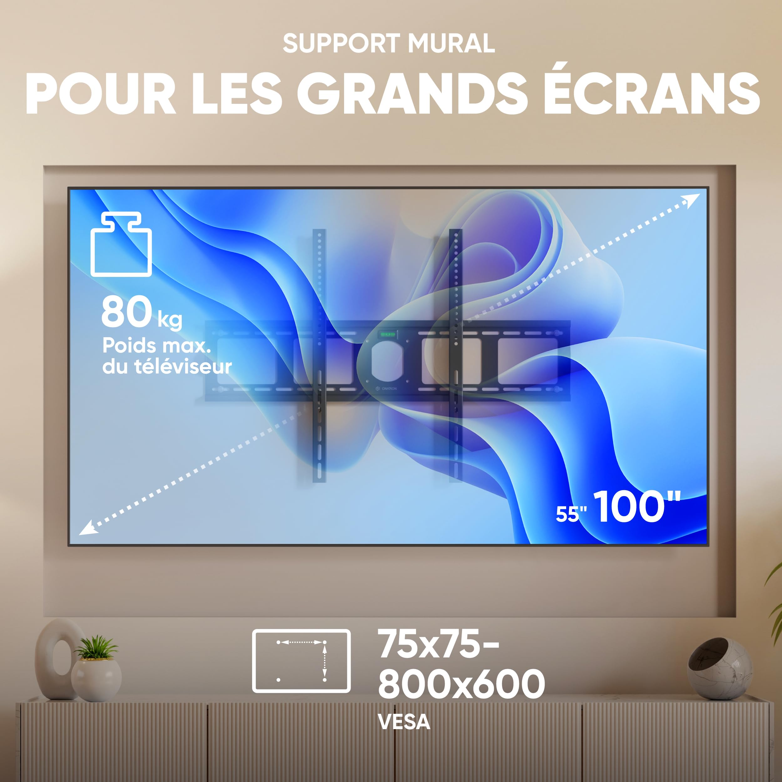 ONKRON Support TV Mural Fixe pour 55-100 Pouces Écrans Lourds, Support Mural TV Extra Plat jusqu'à 80 kg, Fixation Murale Tele Ultra Fin VESA 75x75-800x600, Accroche Television Murale UF4-B Noir
