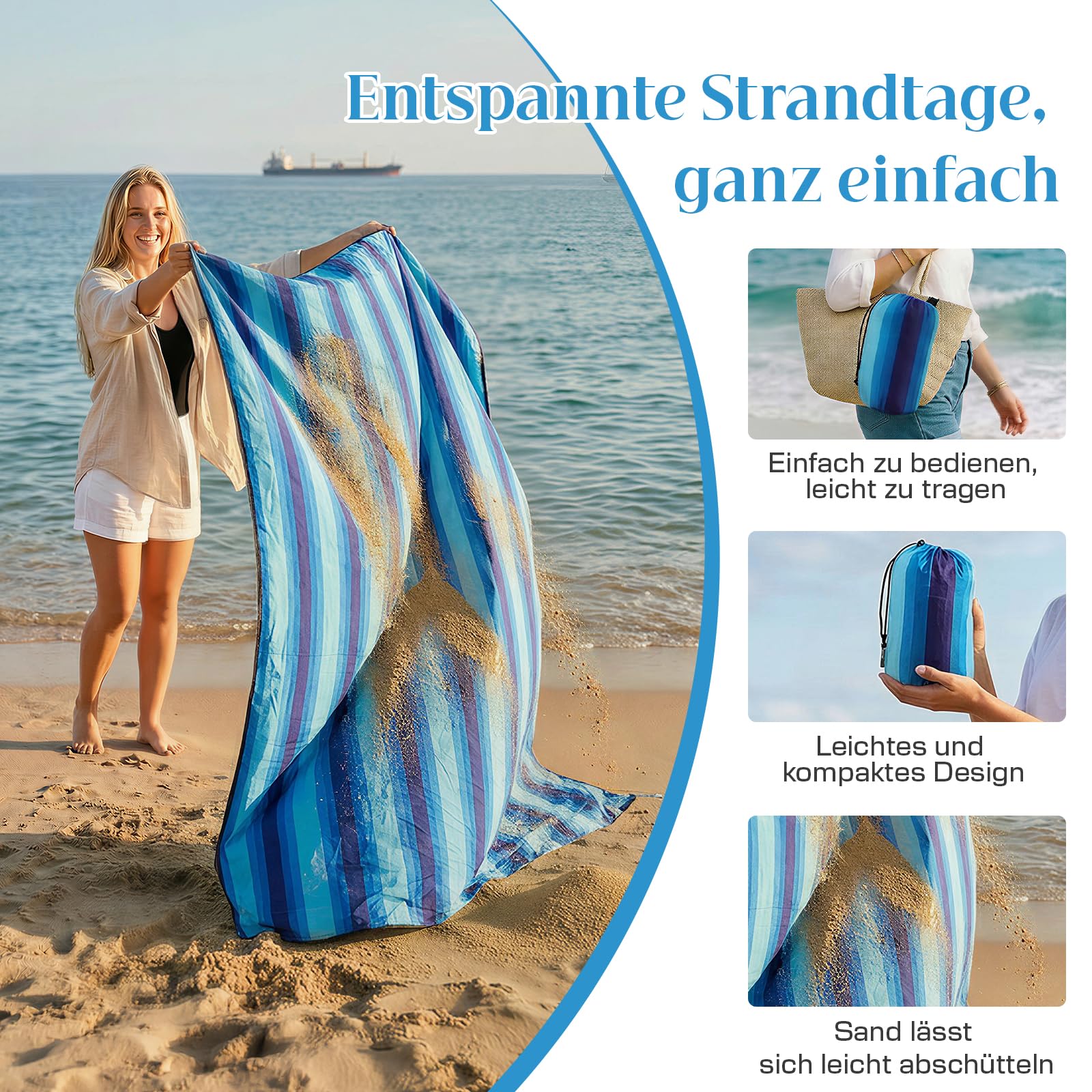 Picknickdecke XXL Wasserdicht Faltbar 304 x 304 cm, Sandfest Beachdecke Kompakt Waschbar Picknickmatte mit Karabiner& 6 Heringe, für Beach, Camping, Garten, Wandern, Blaue Streifen