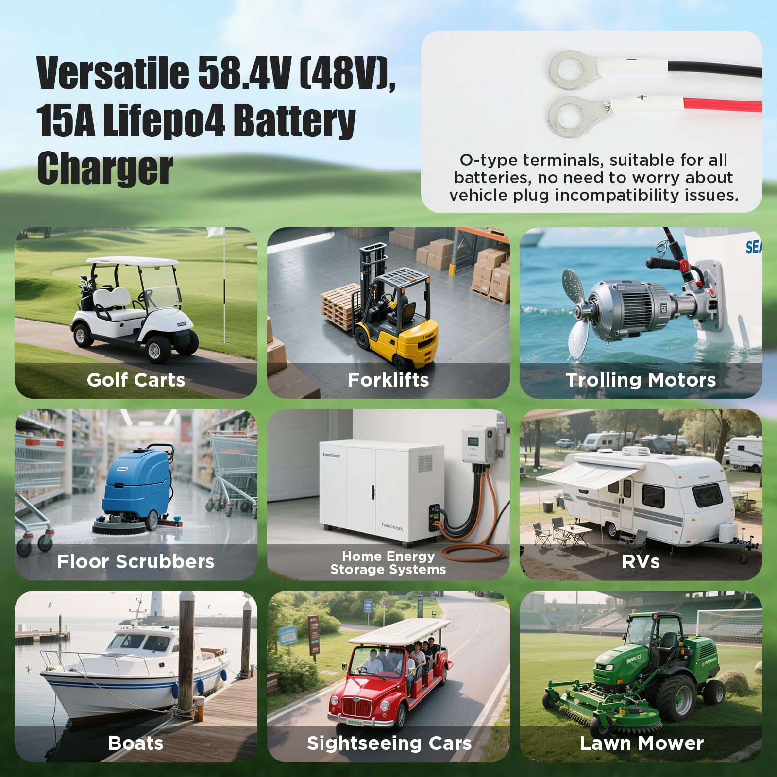 Cargador de batería de litio de 58.4 V 15 A para batería de litio LiFePO4 de 48 V, cargador de batería LiFePO4 de 48 V, 0 V, activa y reparación de batería de ciclo profundo, IP67 impermeable, para