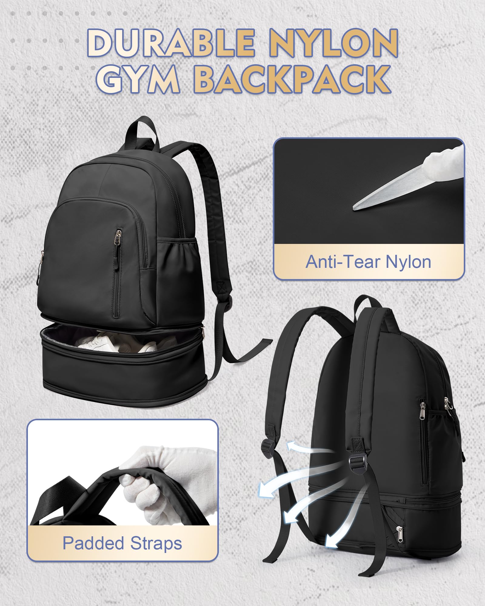 Gym Rucksack damen Sportrucksack mit Schuhfach und Nasstasche,Wasserdichter Freizeitrucksack Sportrucksack Sporttasche für Schwimmen Yoga,Handgepäckrucksack Reise-Laptop-Rucksack,Schwarz