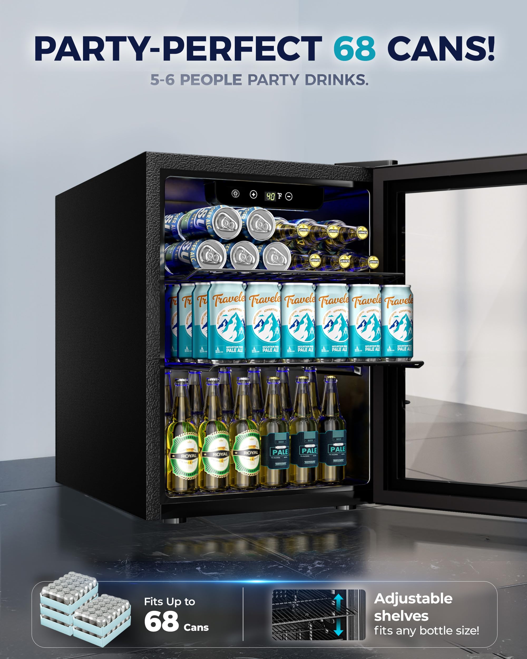 Euhomy Beverage Refrigerator Cooler - 68 Can Mini Fridge With Glass Door For Soda, Beer, Wine, Small Refrigerator With Digital Temperature Control And Adjustable Shelves For Home Office Bar, 1.7 Cu.Ft on Fridge.com - View 2