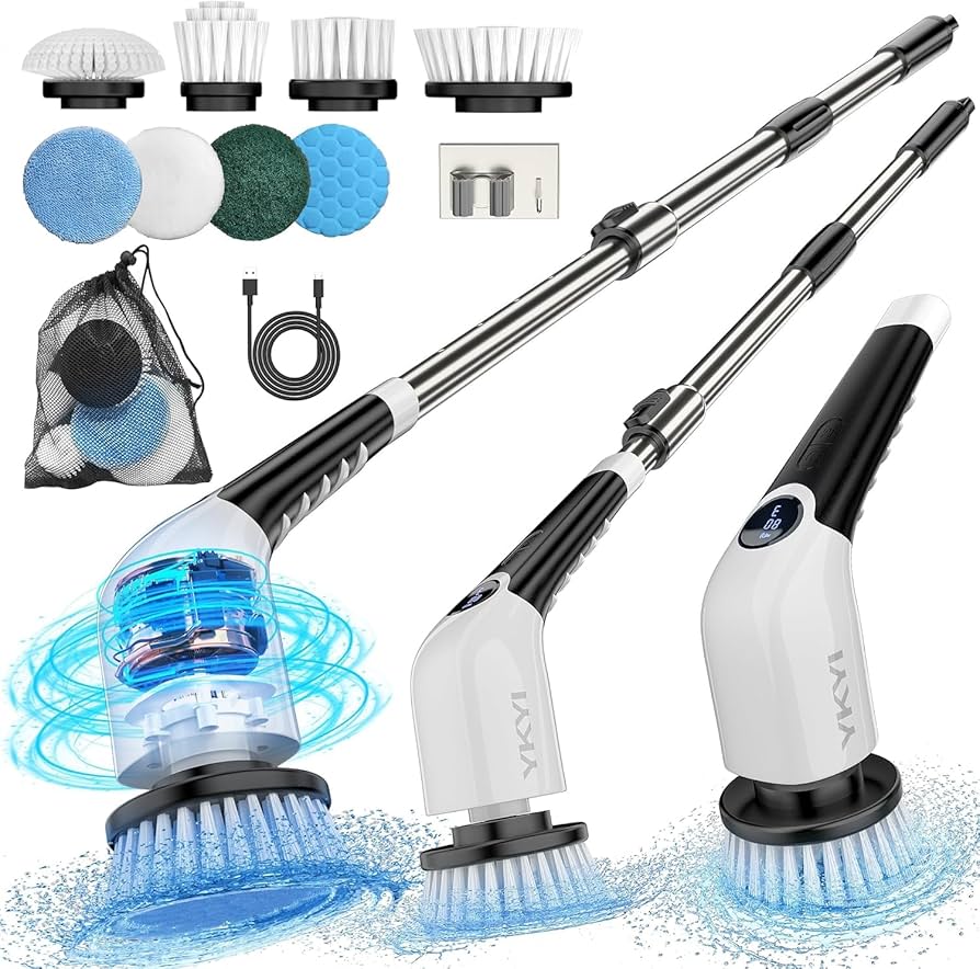 Electric Spin Scrubber,Cordless Cleaning Brush,Shower Cleaning Brush with 8 Replaceable Brush Heads, Power Scrubber 3 Adjustable Speeds,Adjustable & Detachable Long Handle,Voice Broadcast