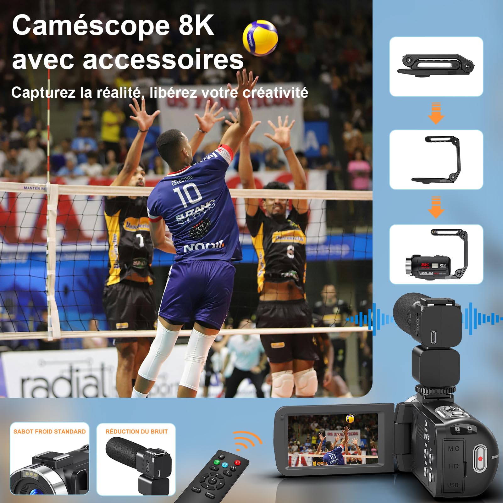 Caméscope Vidéo 8K 64MP Vlogging WiFi Vision Nocturne IR Écran Tactile 3" Zoom Numérique 18X avec Mic et Télécommande