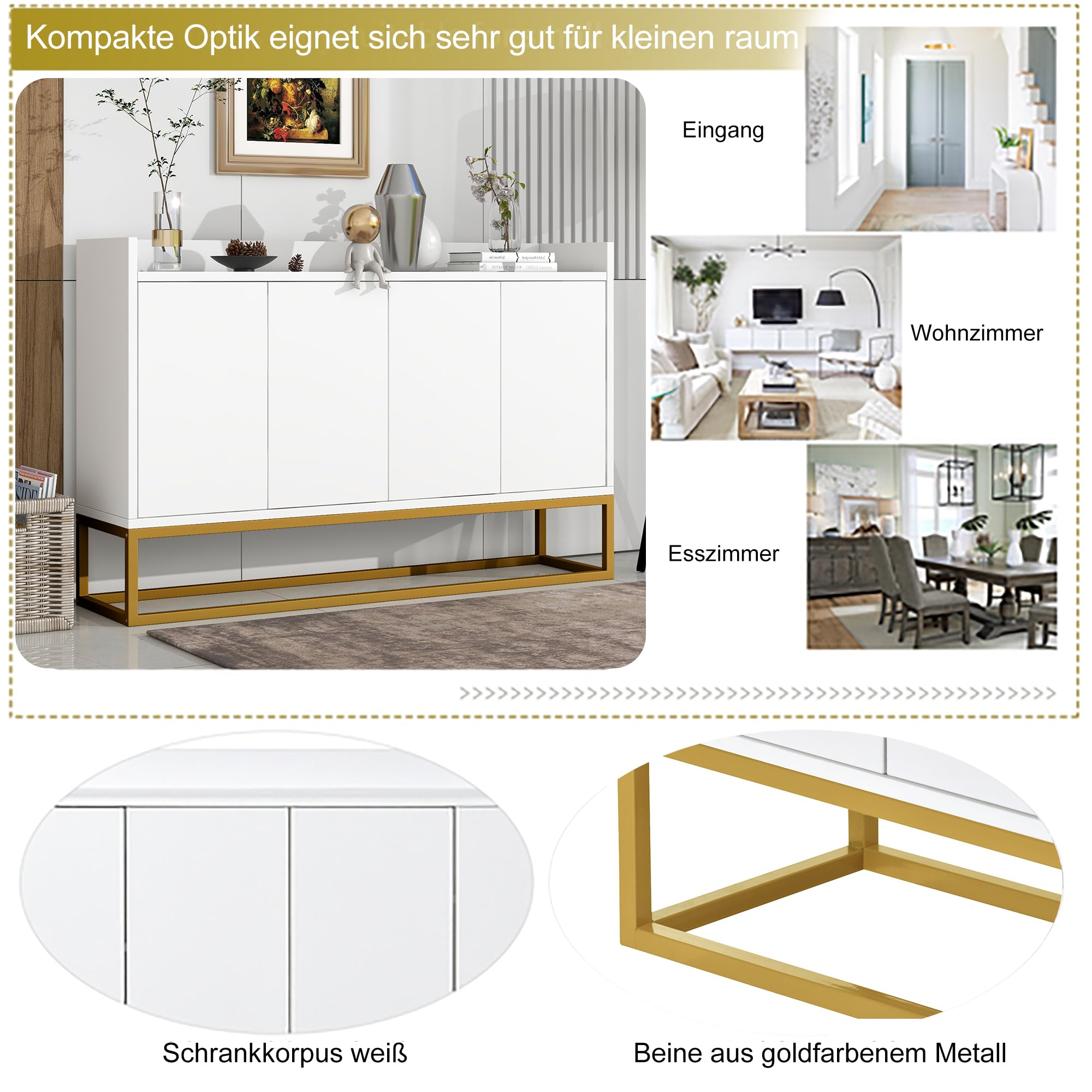 Credenza moderna in stile minimalista 4 ante armadio a buffet senza maniglie per sala da pranzo, soggiorno, cucina (bianco)