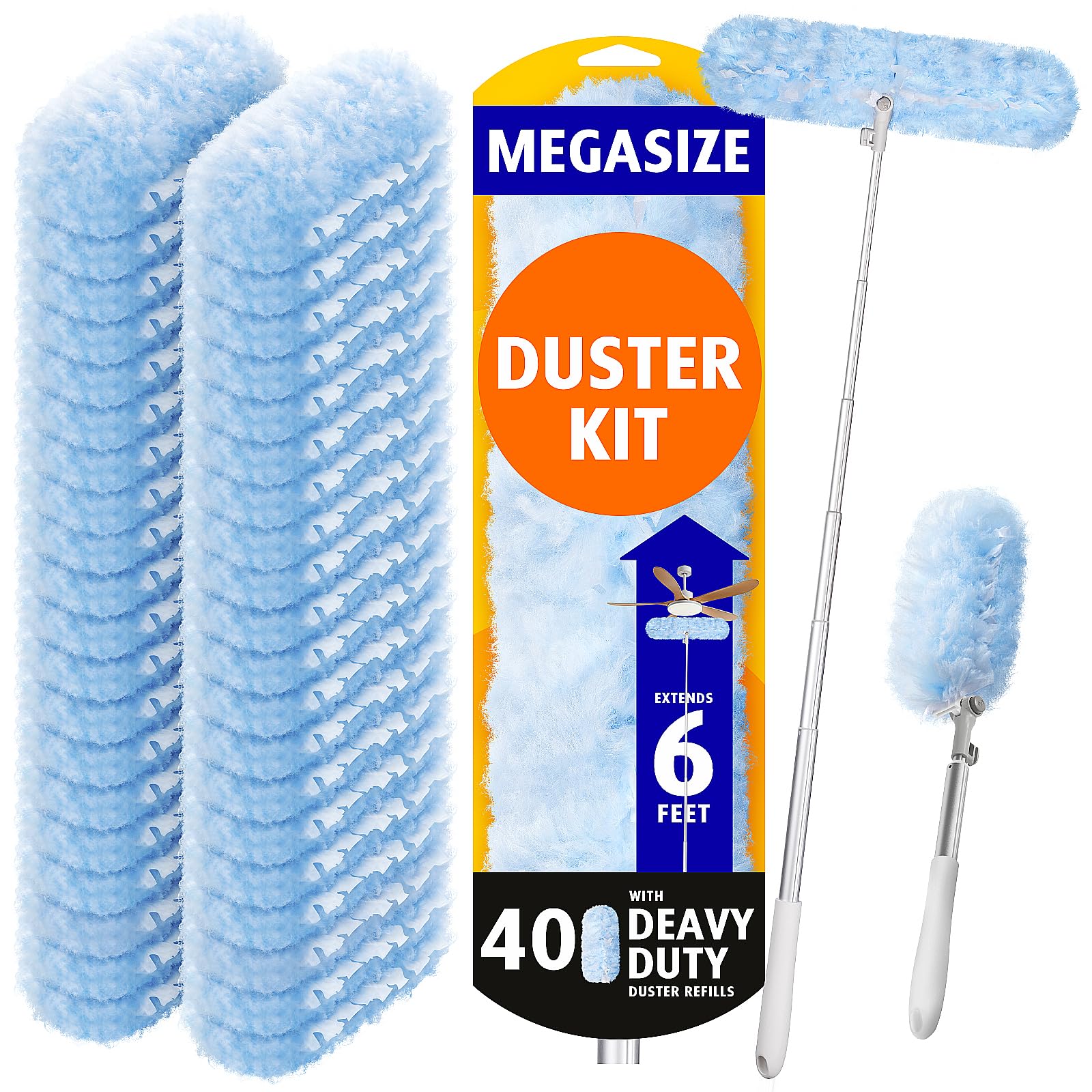 Mango de plumero extensible de 6 pies con 40 recambios, compatible con Swiffer Duster, almohadillas desechables de microfibra para limpieza del hogar, techo, ventilador, ventana, zonas de difícil