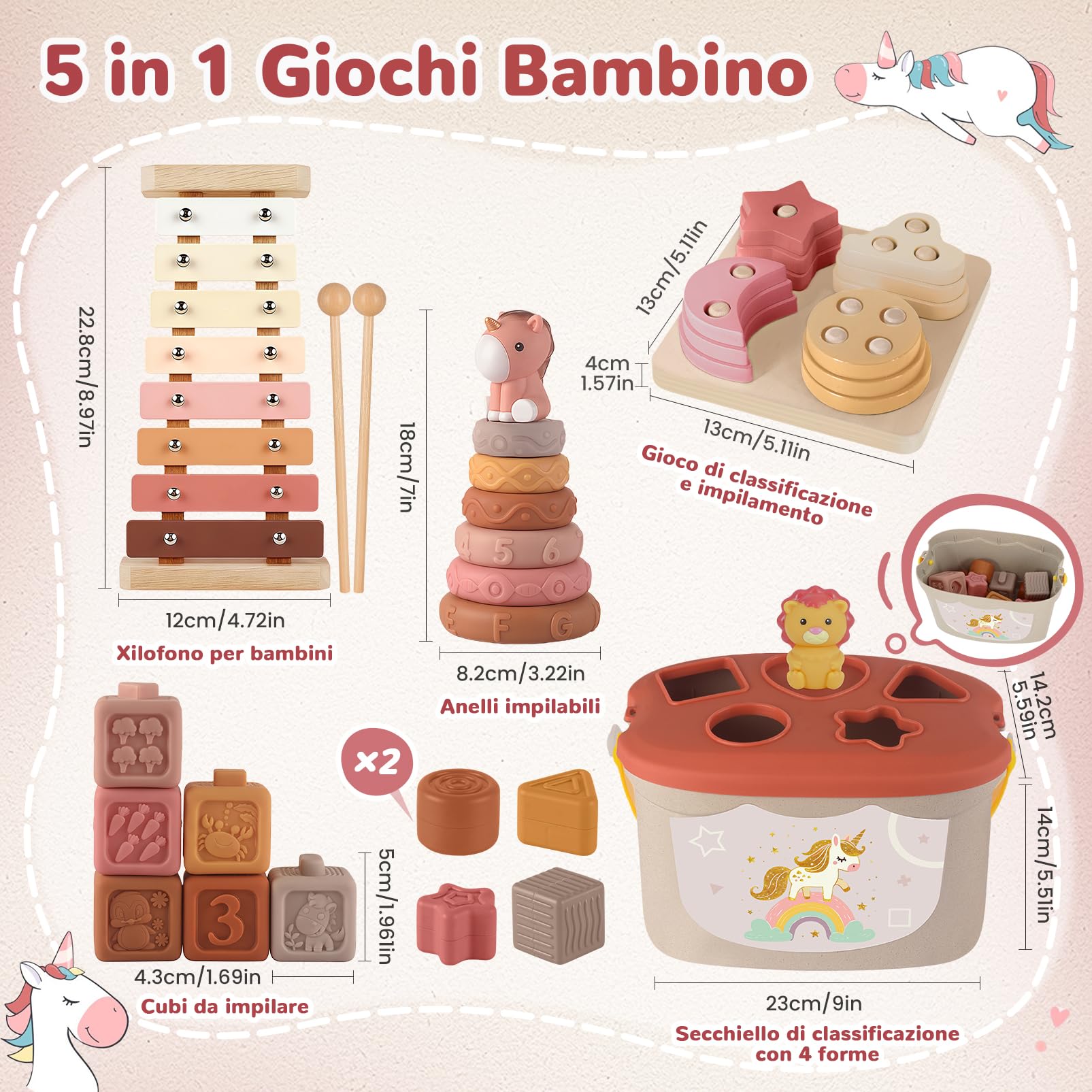 Giochi Neonato 6-9 Mesi, Giochi Montessori 6 Mesi 1 Anno 5 in 1 Educativo, Giocattoli Bambino 6-12 Mesi, Giochi Snsoriali per Neonati, Giocattoli Impilabili, Regalo Bambino 6 9 12 Mesi