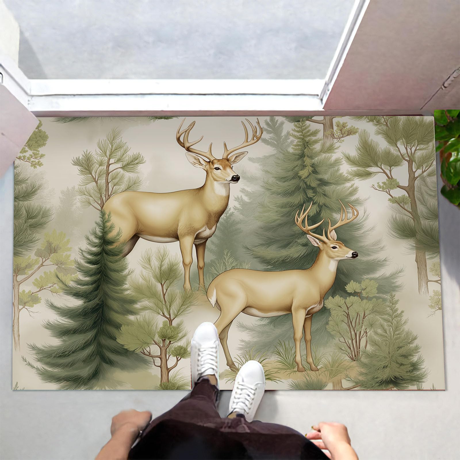 Fußmatte Schmutzfangmatte Innen mit Waldhirsch, rutschfeste waschbare Fußmatte, Retro-Pflanzen Handbemalt Eingangstürmatte mit wasserabsorbierenden Eigenschaften - 80x120cm
