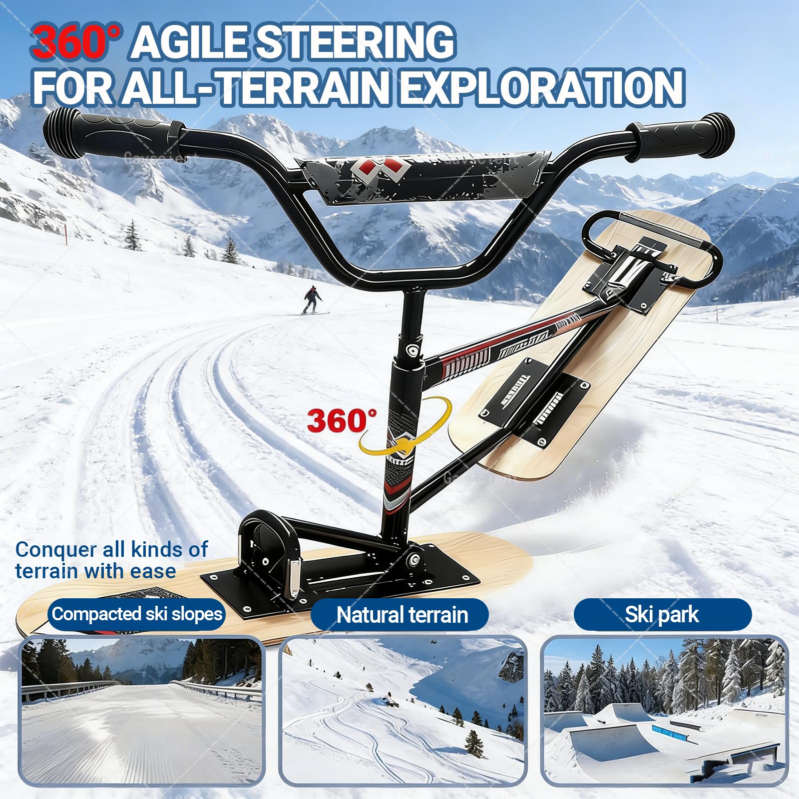 Trottinette de ski tout-terrain pour adulte avec poignée de direction à 360° et design double planche, charge maximale 150 kg, idéal pour la neige tout-terrain et le plaisir des stations de ski