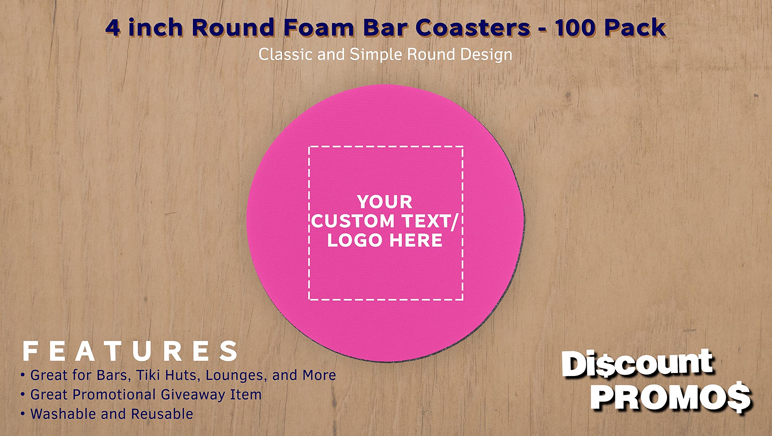 100 Round Foam Bud Coasters Pack, 4 inch - Customizable Text, Logo - PU Foam, Party Favor - Neon Pink