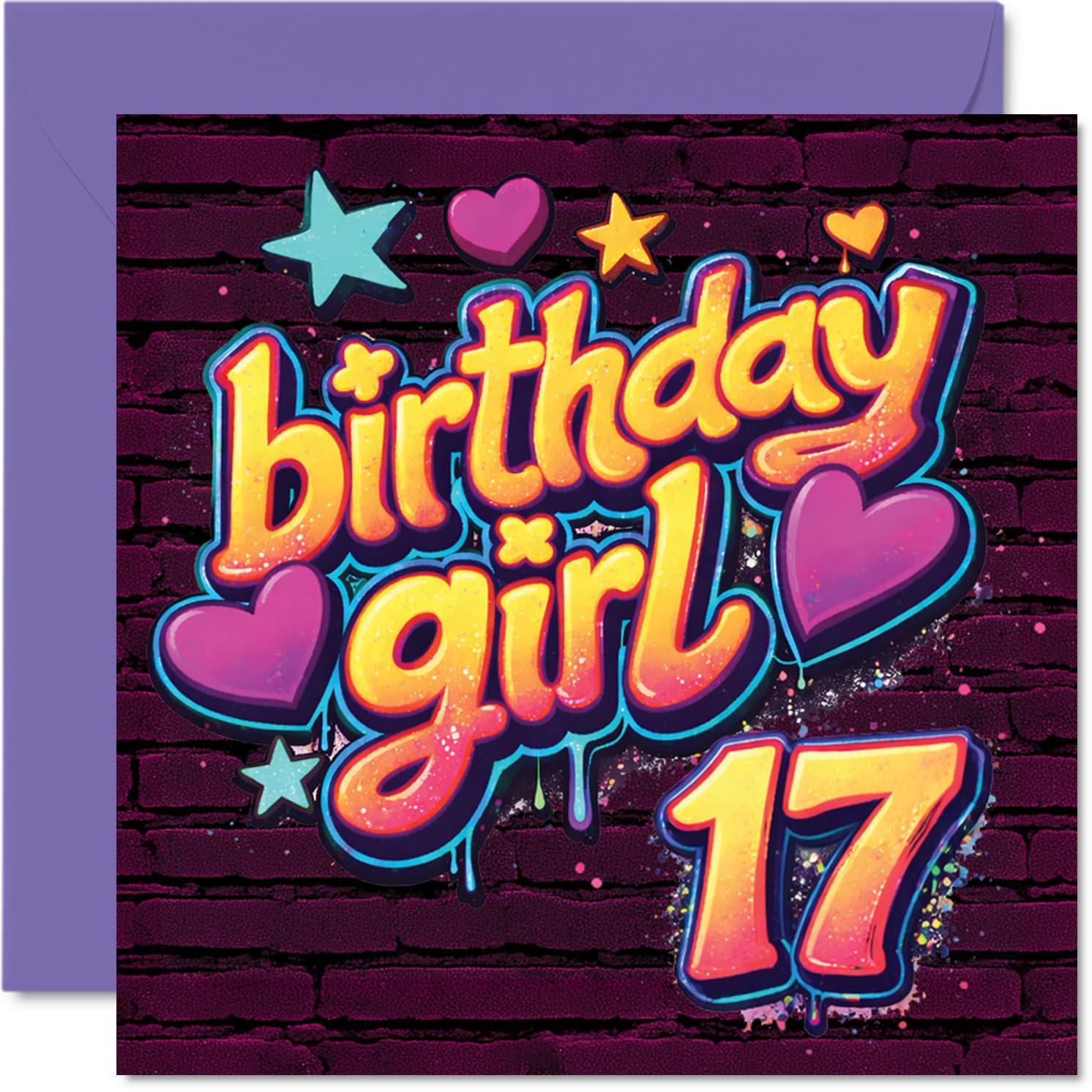 Playful 17th Birthday Card - Graffiti Vibes and Bold Colours - Stars and Hearts Pop on a Vibrant 17th Birthday Design - 145mm Square, Envelope Included