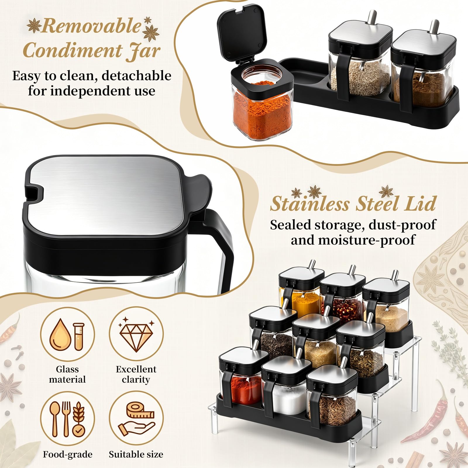 Gewürzbehälter-Set mit Deckel und Löffel, 244 ml, klares Glas, Gewürzbehälter-Set mit dreilagigem Acrylregal, Gewürzbox, Salz, Zuckerdose, für Küche, 3 Stück