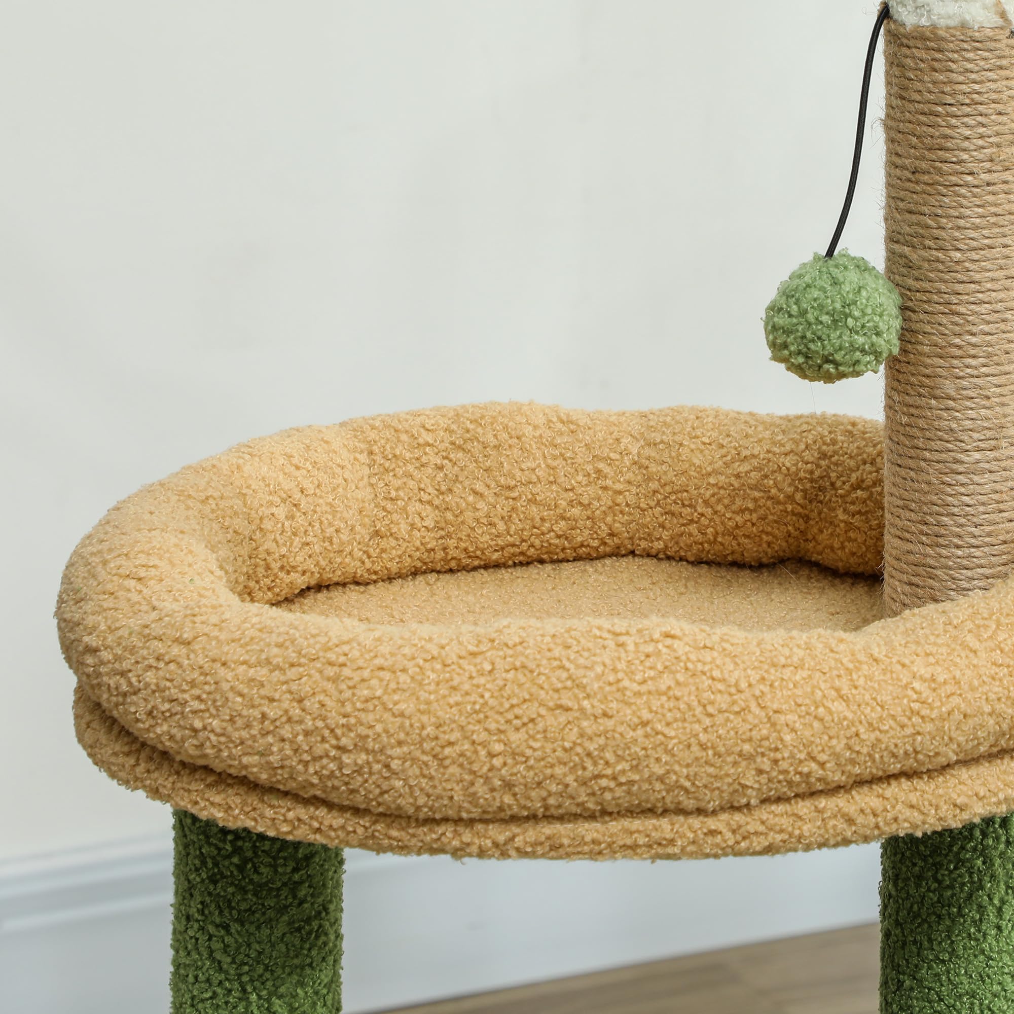 PawHut Albero Tiragraffi per Gatti con Foglia di Palma, Casetta, Lettino e 2 Palline, Torre per Gatti in Legno e Poliestere, 44x30x98 cm, Verde e Marrone