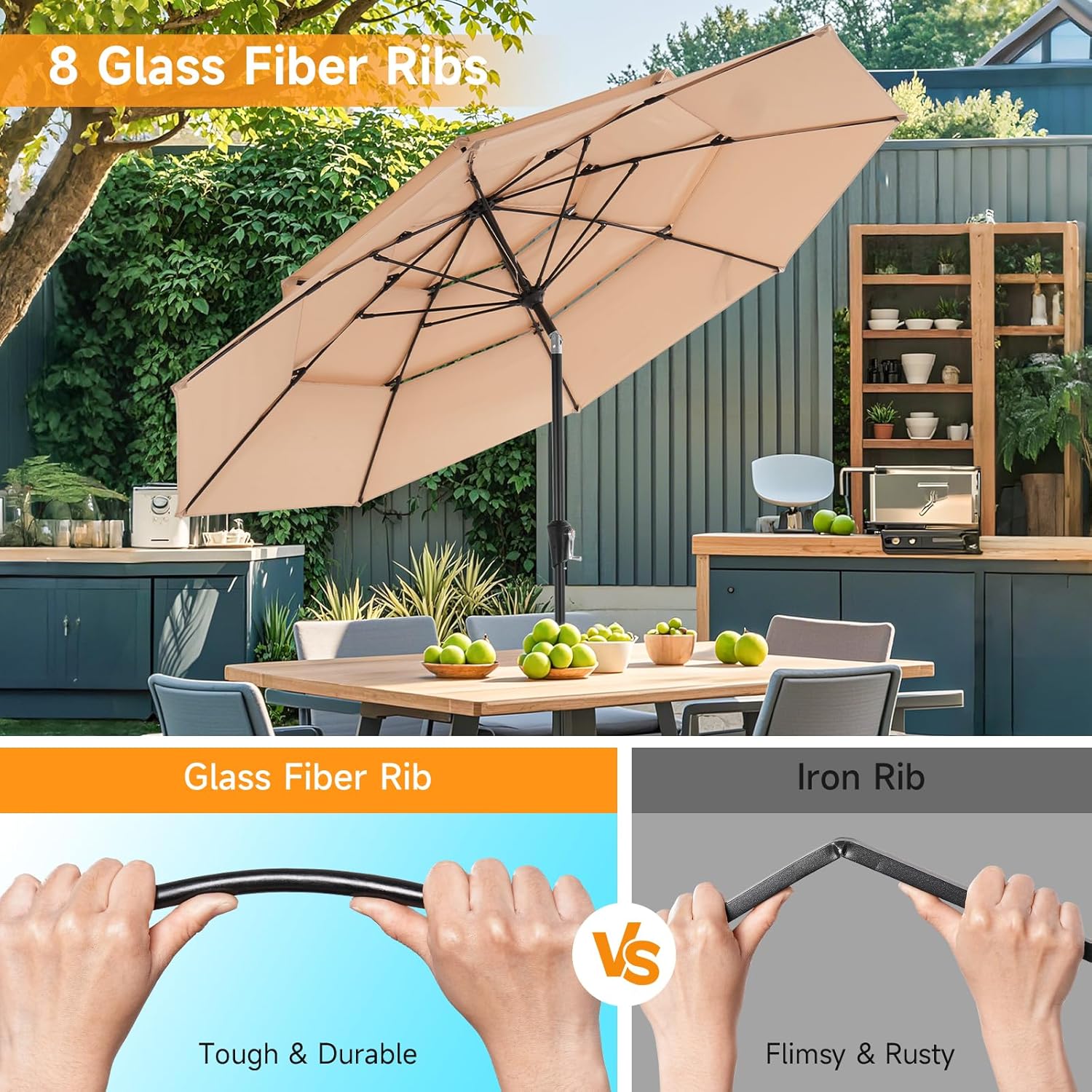 10 FT Patio Umbrella, 3 Tier Outdoor Table Umbrella with 8 Sturdy Glass Fiber Ribs and Push Button Tilt, Outdoor Patio Umbrellas for Market Pool Garden Backyard, 1.5" Pole, Champagne (No Base)