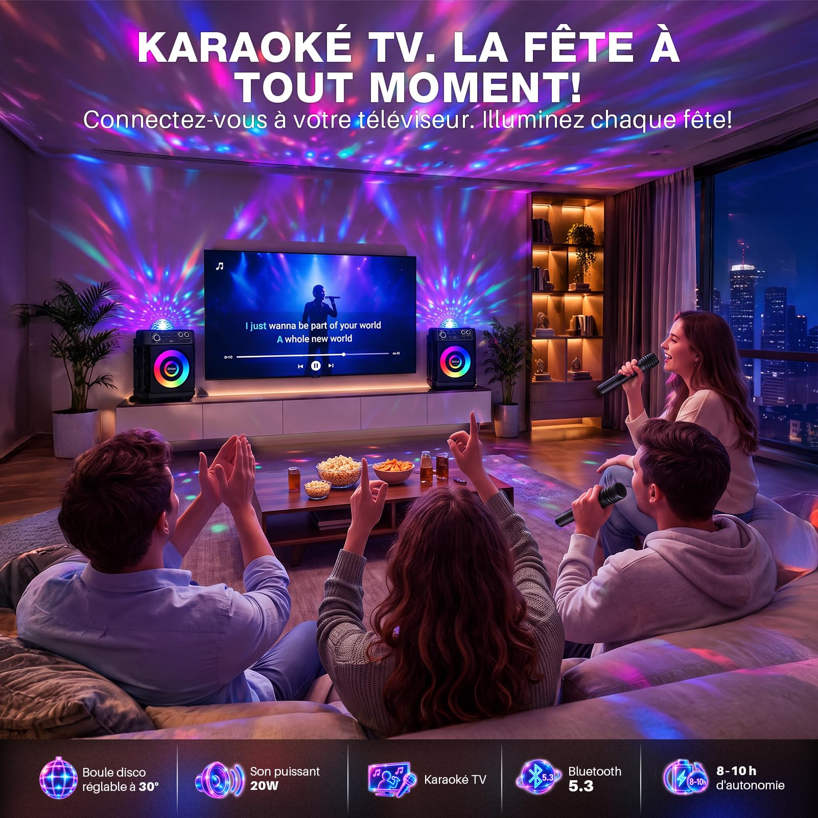 Karaoke Adulte, Lumières Disco & Recharge Magnétique des 2 Micros, Micro Karaoke Enfant Compatible avec TV/Smartphone/AUX/USB pour Les fête, Les Anniversaire, Les Voyage