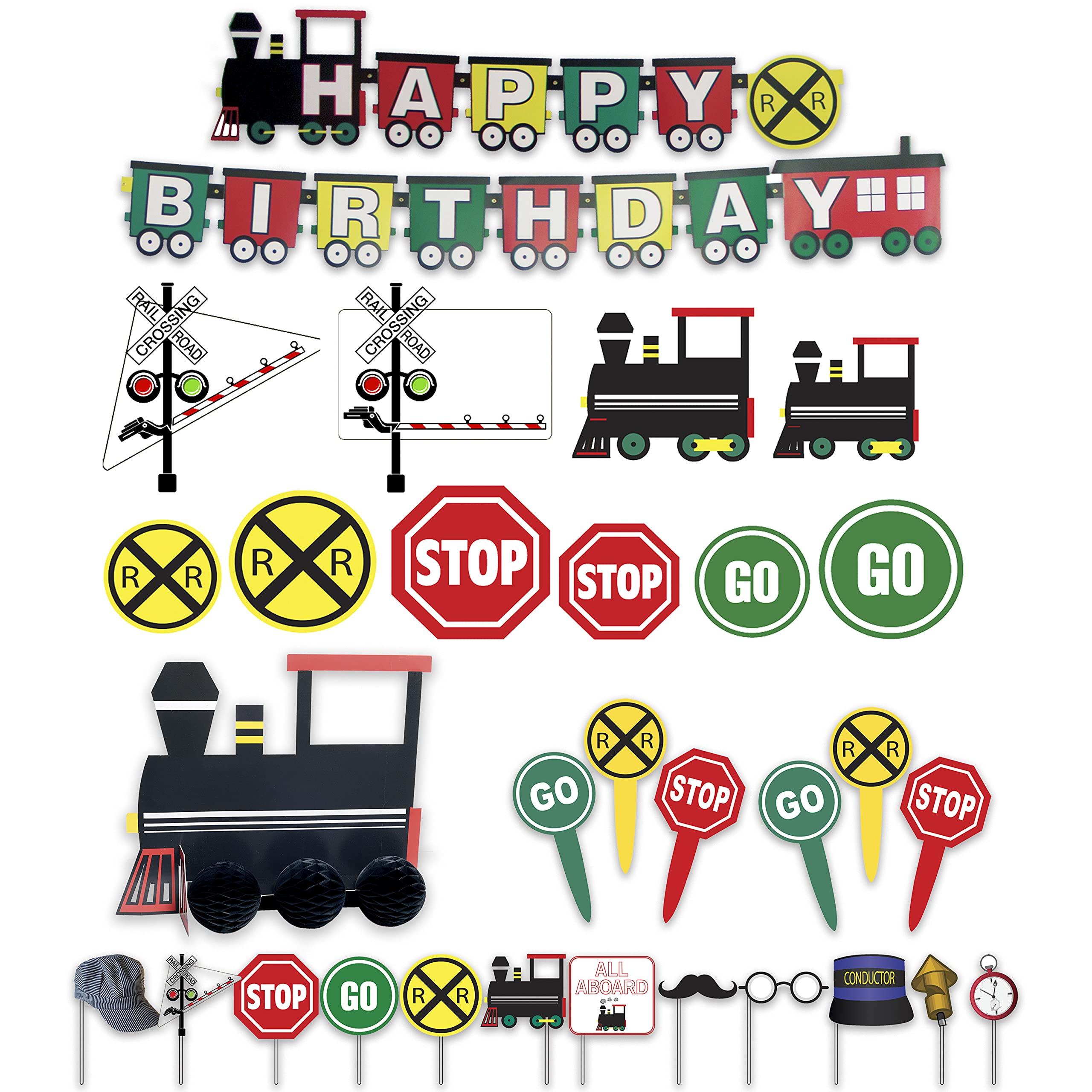 Havercamp Train Birthday Party Supplies: 7ft Happy Birthday Banner, Centerpiece, 12 Photo Props, 10 Cardboard Train Cutouts Decorations, 24 Party Picks
