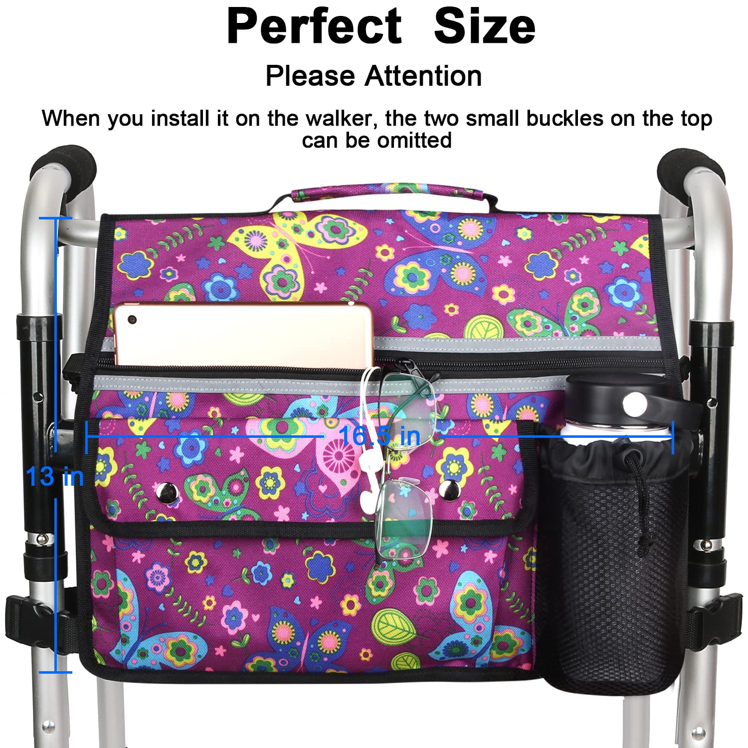 Wheelchair Storage Bag, Double-Sided Armrest Pouch with Cup Holder and Reflective Strip, for Wheelchairs and Walkers (Purple Butterfly) - Image 2
