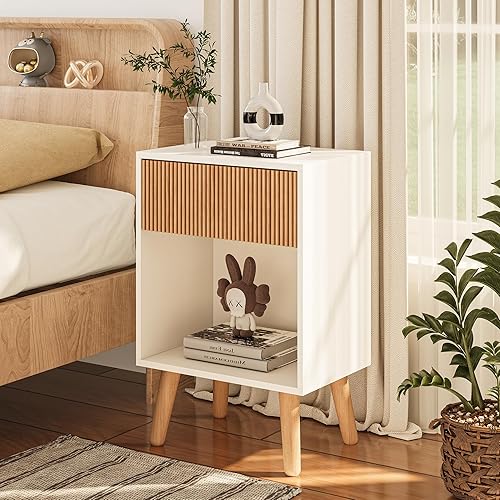 Miniatura 5 de Mesita de noche acanalada, moderna mesita de noche con cajones de almacenamiento y estante de madera abierta, mesita de noche con patas de madera