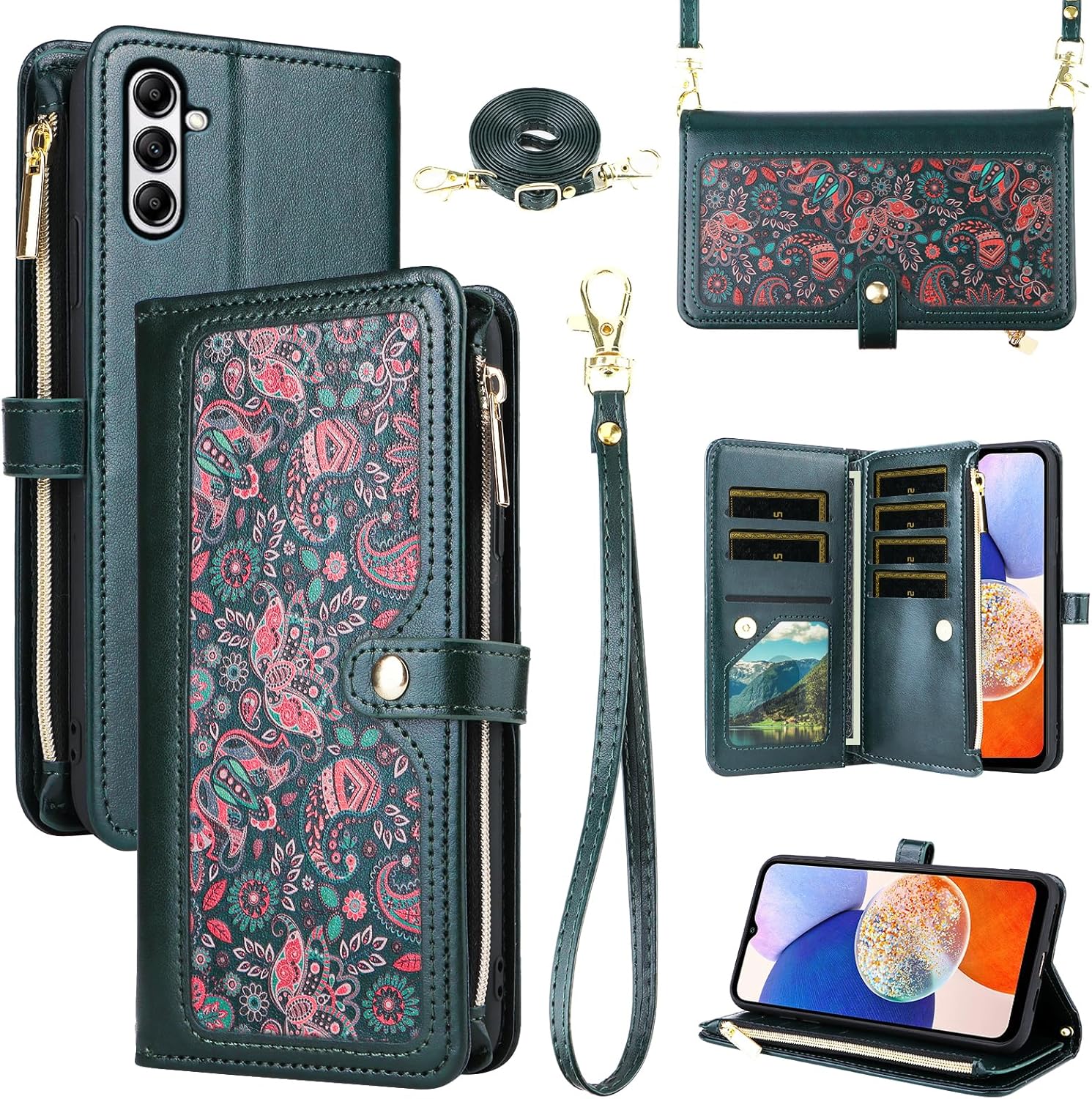 Dswteny for Samsung Galaxy S24 Plus/S25 Plus S24+ S25+ 5G Floral Wallet Case, Zipper Purse Flip Credit Card Holder Stand Cell Phone Cover for S24Plus 24S + S 24 24+ S25Plus 25S 25+ Women Men Green