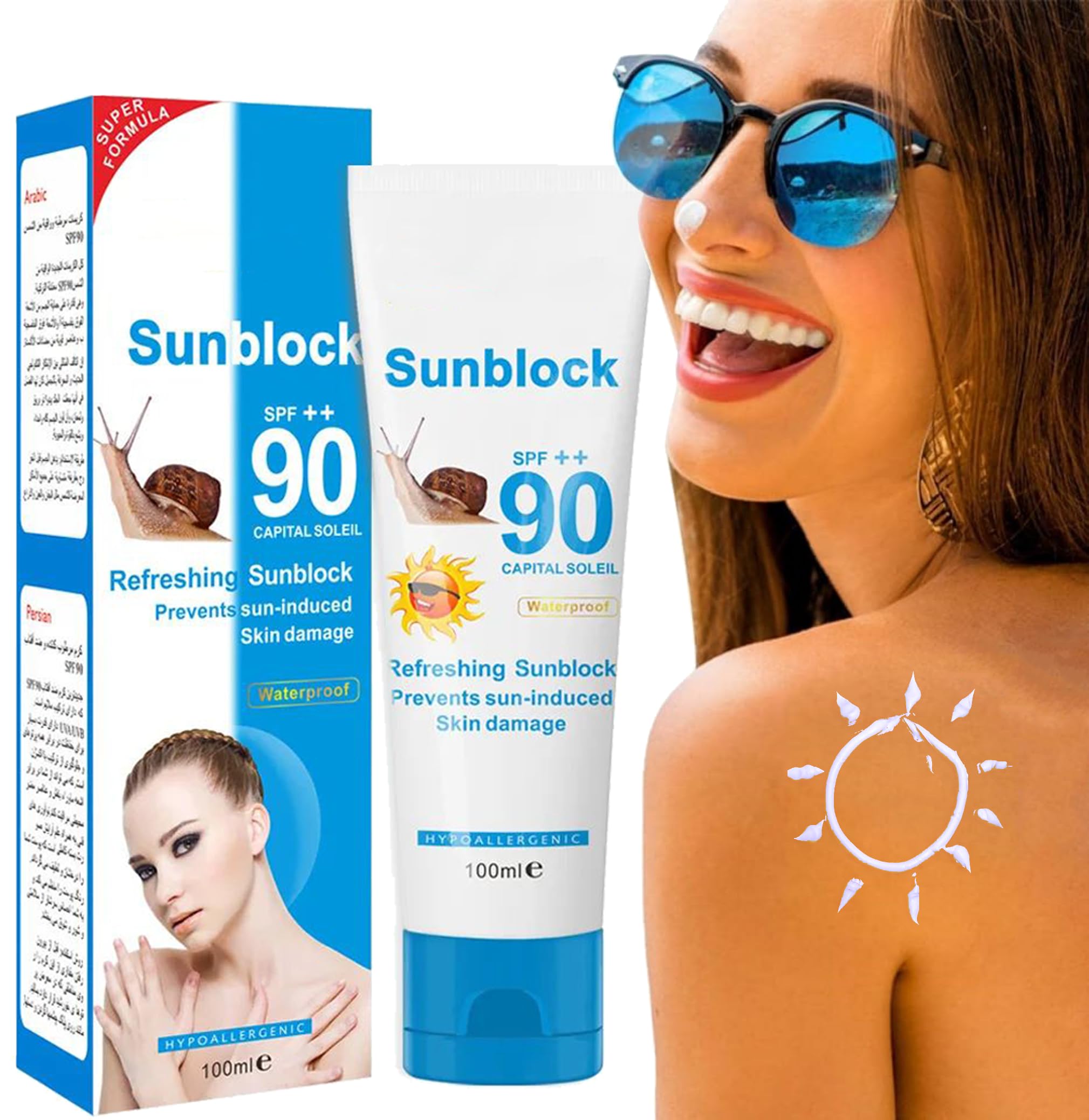 Crema Solar Facial SPF90+,Face & Body Sunscreen,Solar Crem Facial,Protección facial,Muy alta protección UVB,UVA,Resistente al agua,100 ml