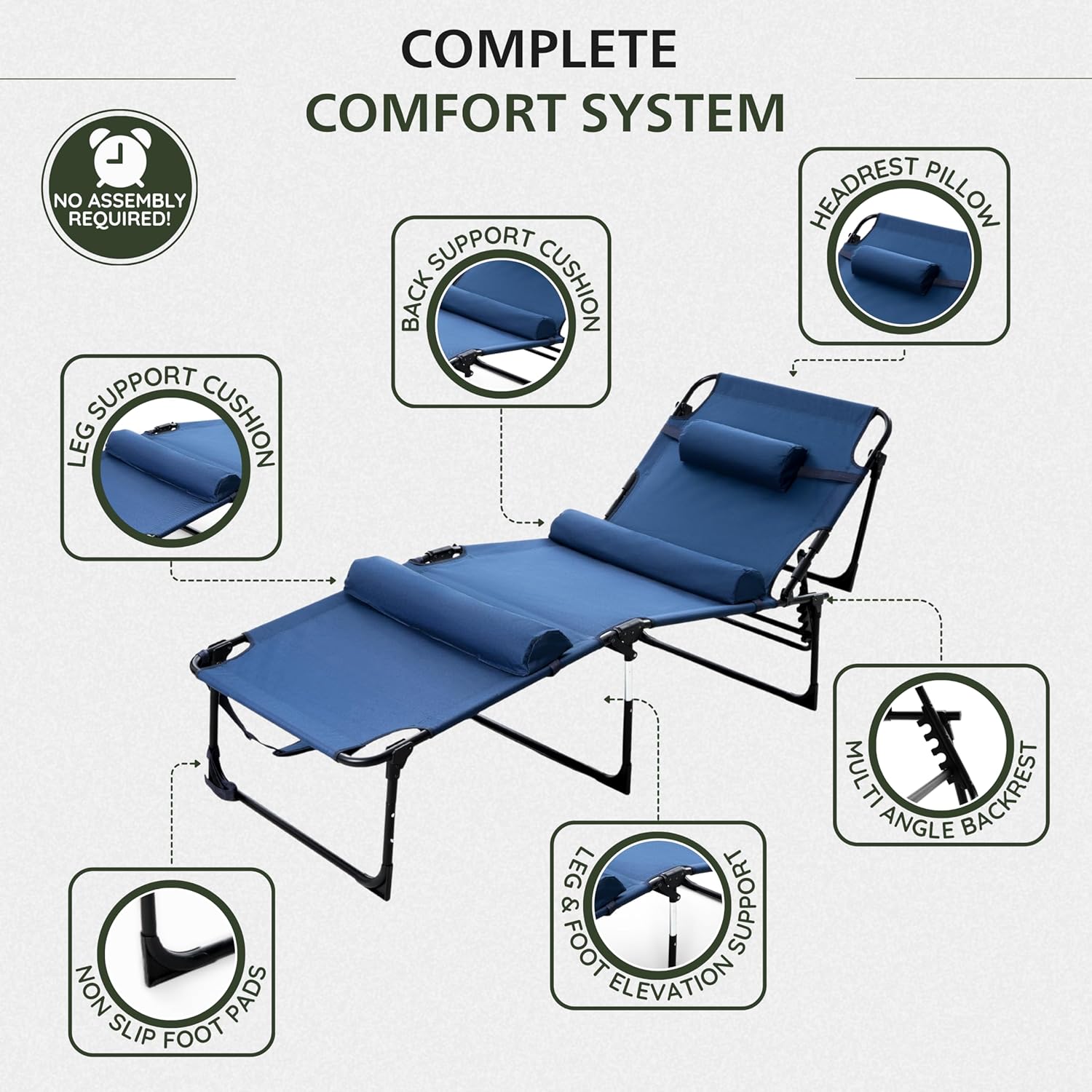 Outdoor Lounge Chair | Extra Large Portable cot incl Leg Raising adjustability | Easy Setup & Takedown | Supports Adults up to 300 lb | Ideal for Camping Patio, Balcony, Beach & More