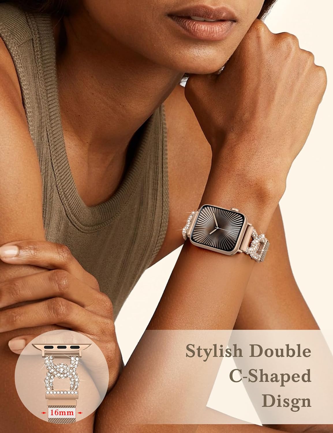 Metal Band Compatible with Apple Watch Bands for Women 38/40/41/42/44/45/46/49mm Stainless Steel Mesh Magnetic Classy C-shaped Diamond Strap for iWatch SE Series 11/10/9/8/7/6/5/4/3/2/1/Ultra - Image 6