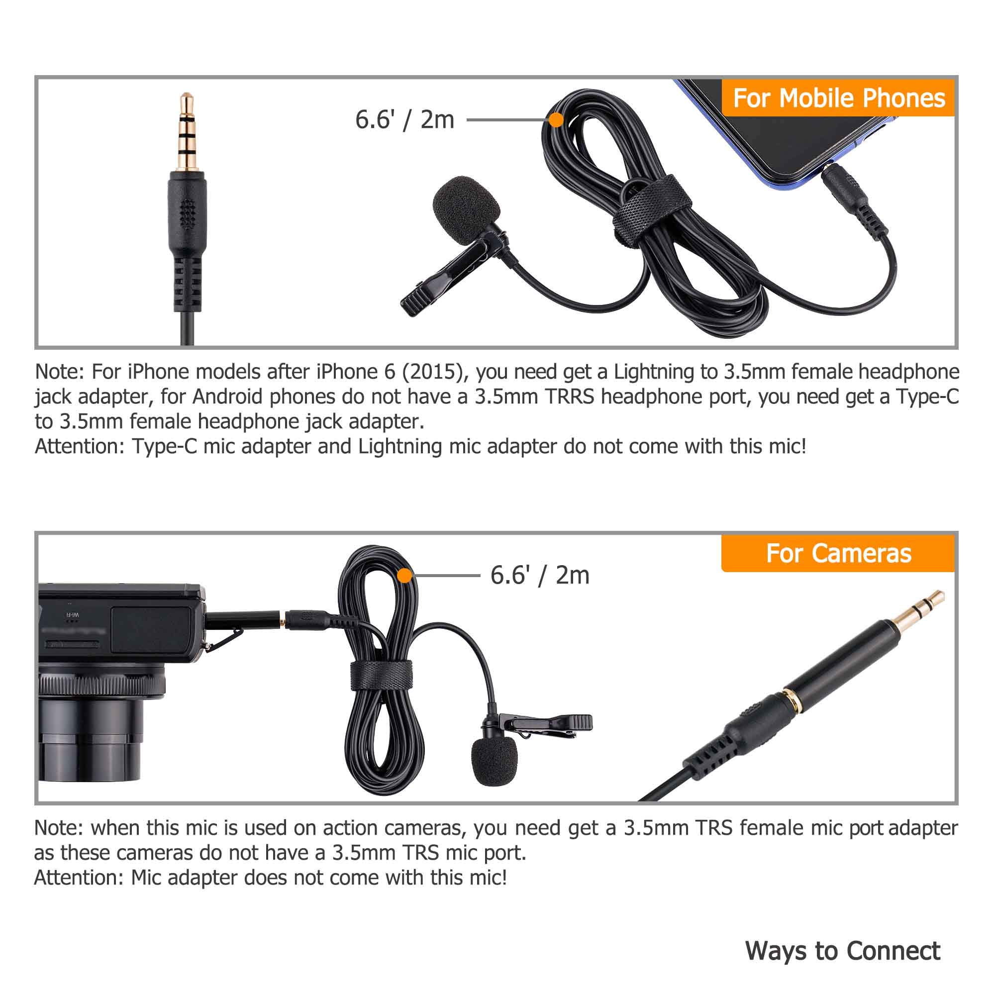 Kiwifotos Microfono lavalier omnidirezionale, microfono lavalier a condensatore TRS TRRS da 3,5 mm per videocamera Videocamere PC Smartphone Videocamere ZOOM Handy Recorders (2 m / 6,6 ')