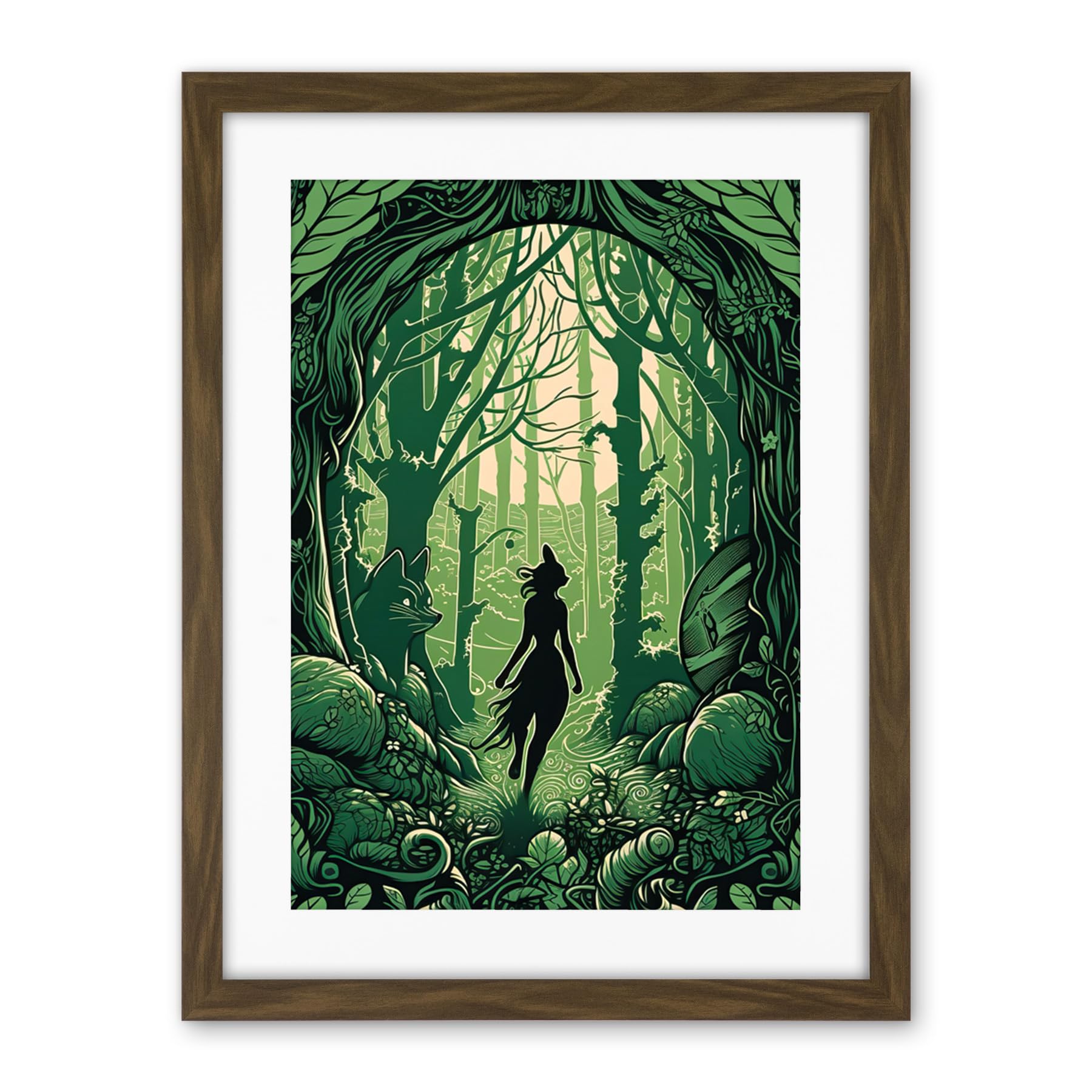 Artery8 Anthropomorphic Fox Silhouette Forest Art Nouveau Artwork Framed Wall Art Print 18X24 Inch