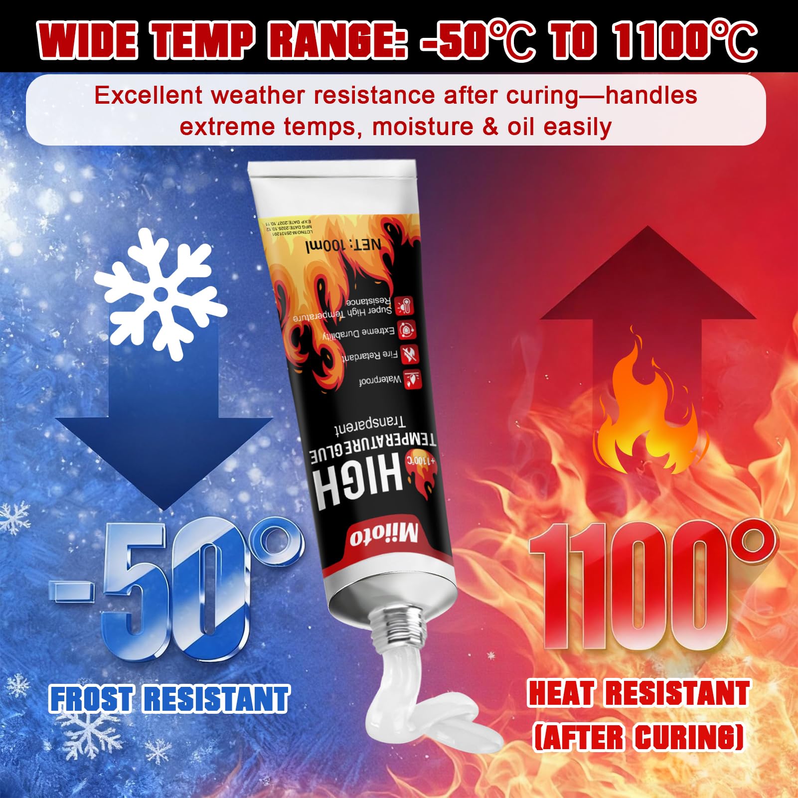 Miioto Silicone Alte Temperature, Colla Alte Temperature, Silicone Alta Temperatura, Indurimento Rapido, Adesivo Resistente al Calore per Caminetti, Stufe, Scudi Termici, 100 ml