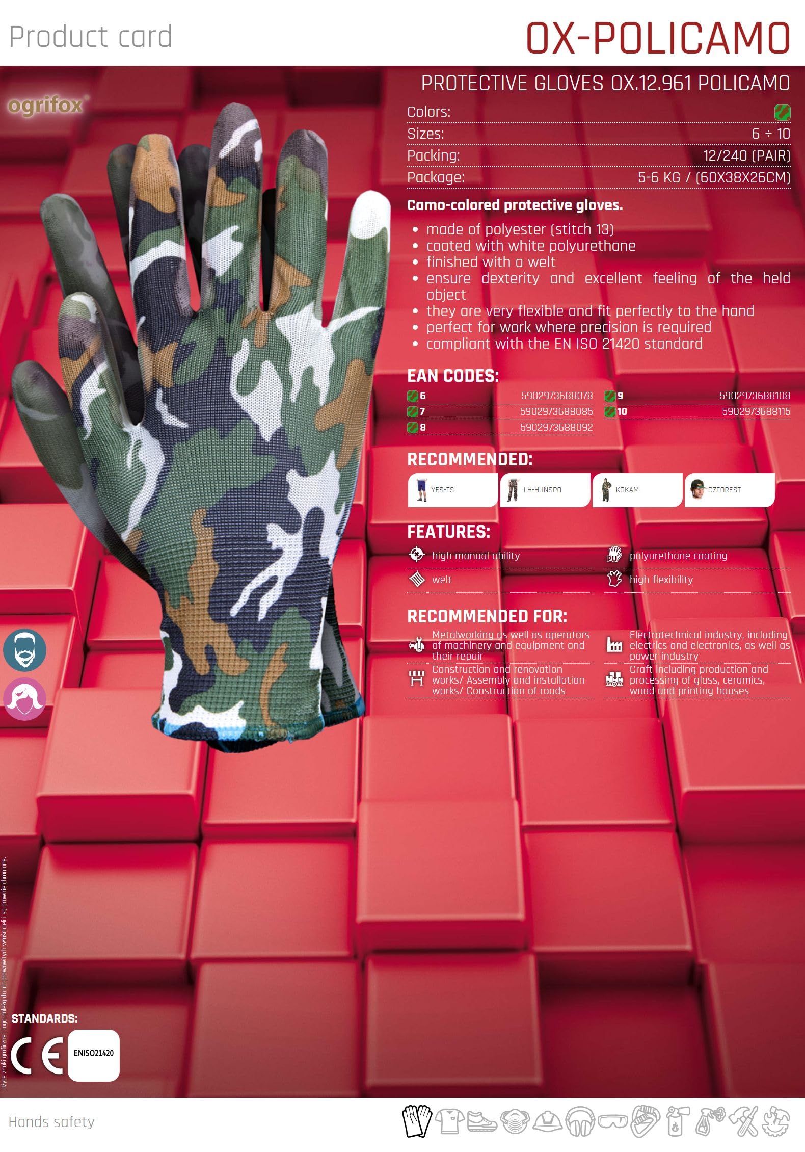 Ogrifox OX-POLICAMO rękawice poliestrowe powlekane białym poliuretanem, rękawice ochronne, rękawice robocze, rękawice ogrodnicze, rękawice OX.12.961, kamuflaż, rozmiar 7, 240 par.