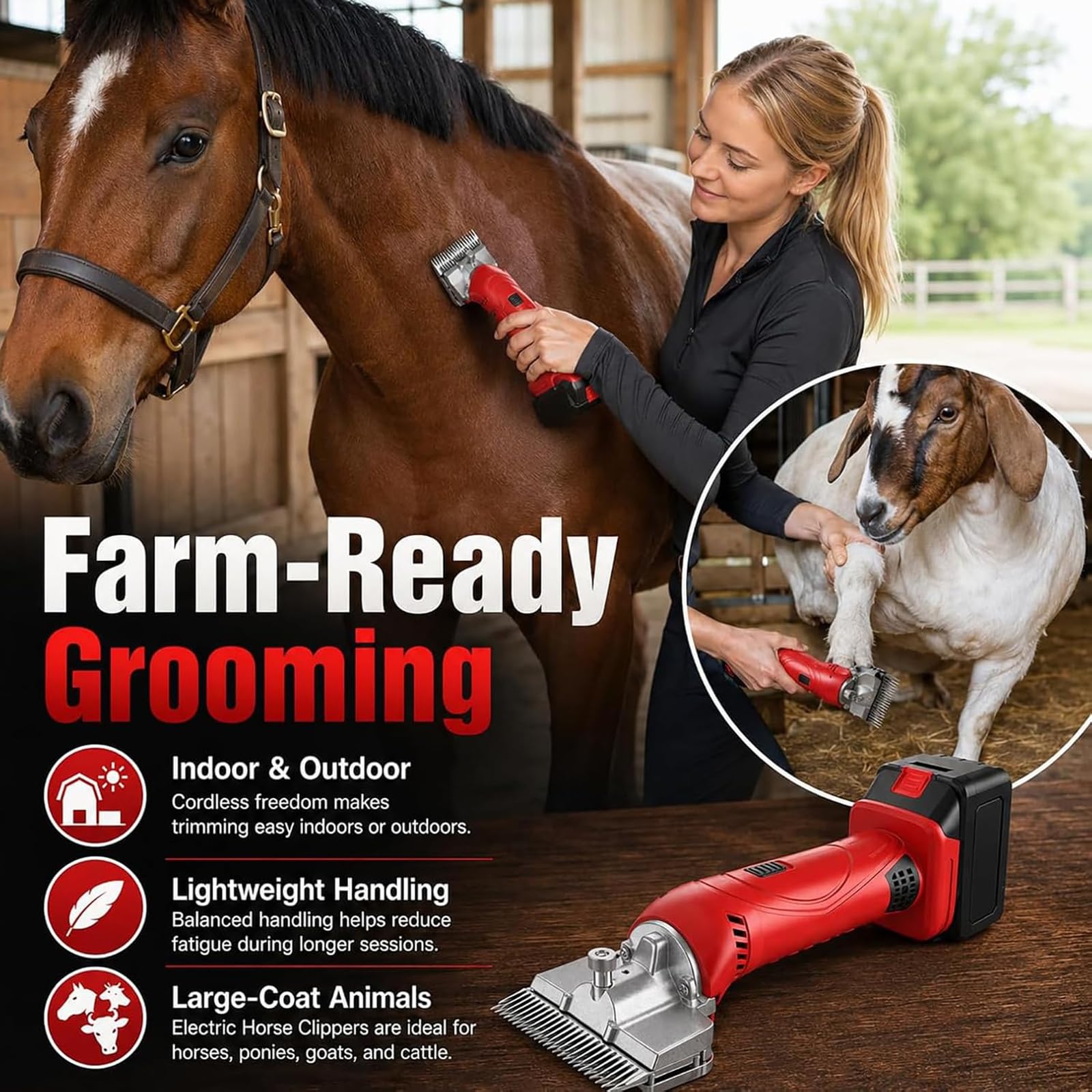 Tosatrici elettriche per cavalli a batteria, cesoie equine a basse vibrazioni da 500 W, 6 velocità, 2800 giri/min per cappotti per animali domestici e bestiame