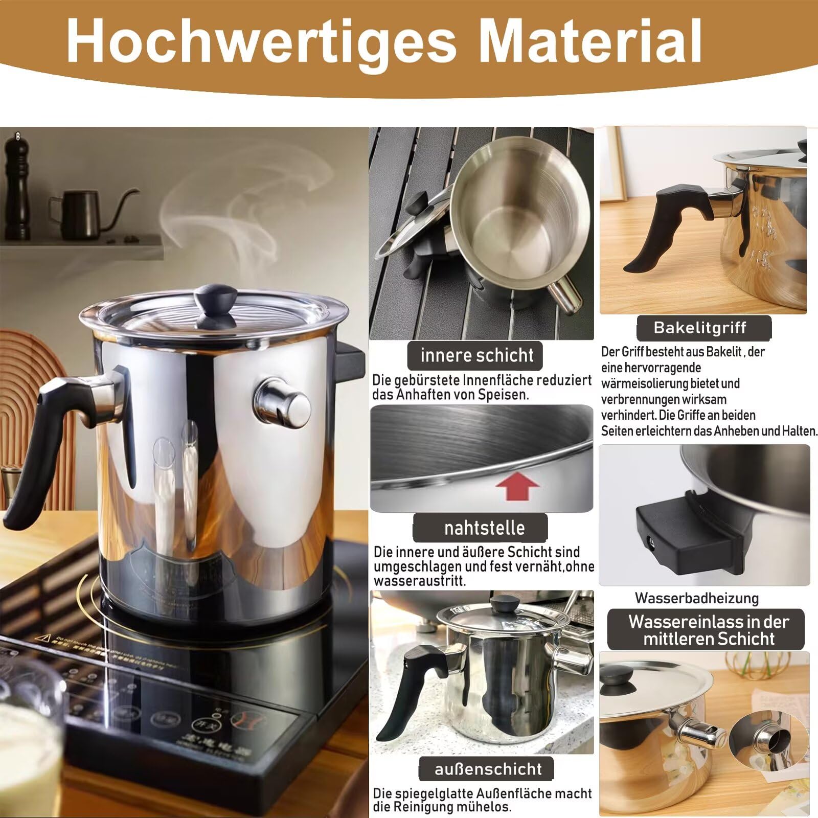 1L Milchtopf mit Deckel für Erhitzen Milch und Soßen, Simmertopf Milchtöpfe aus 304 Edelstahl,für Gas Elektro Induktion,Doppelwandig Kochtopf Wasserbad Schmelztopf