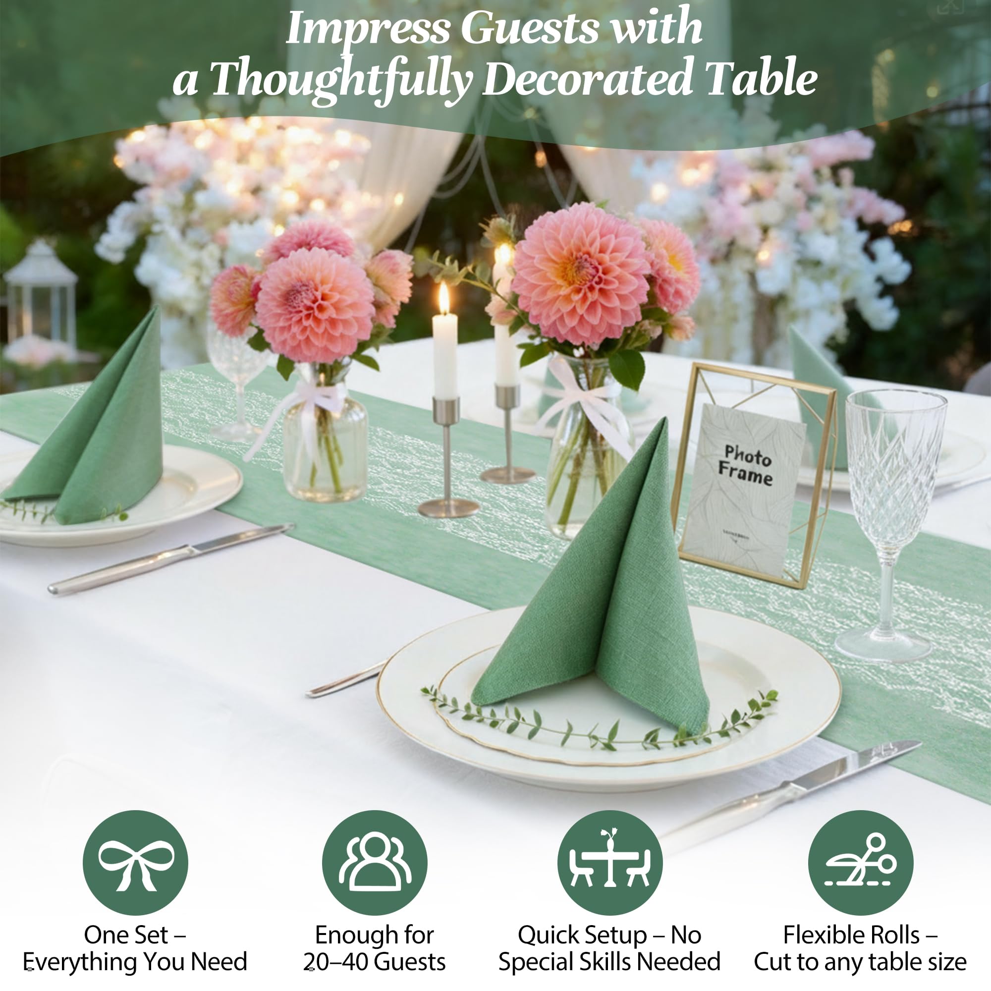 Set da tavolo Eucalipto verde eucalipto runner in tessuto non tessuto + nastro in pizzo bianco + 40 tovaglioli + 100 pezzi per comunione, battesimo, cresima, matrimonio, elegante