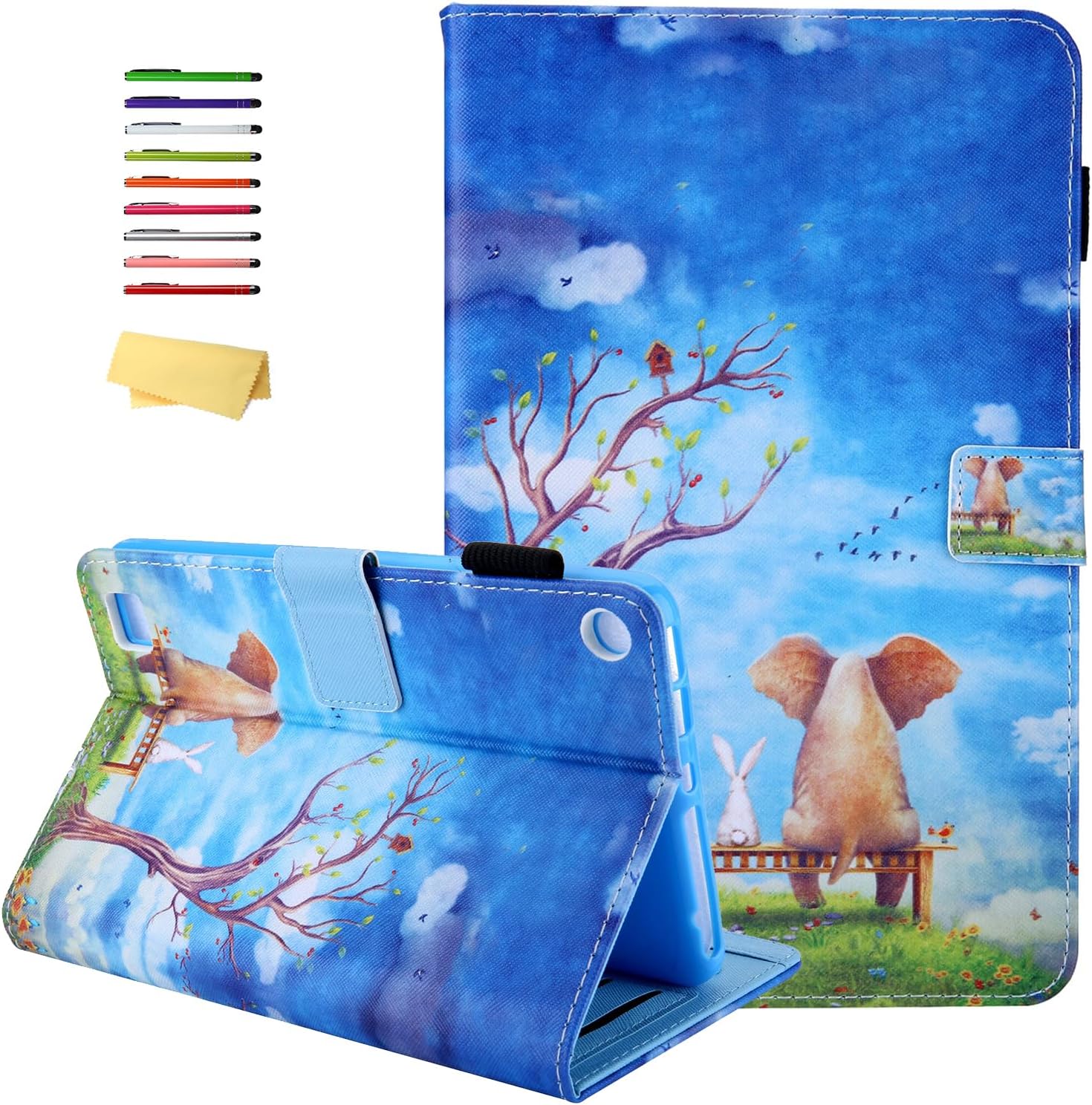 All-New 7" Amazon Kindle Fire 7 Tablet Case (9th/7th/5th Generation, 2019/2017/2015), Smart Stand PU Leather Magnetic Cover with Card Pocket Pencil Holder [Auto Sleep/Wake], Elephant Rabbit 01 Elephant Rabbit
