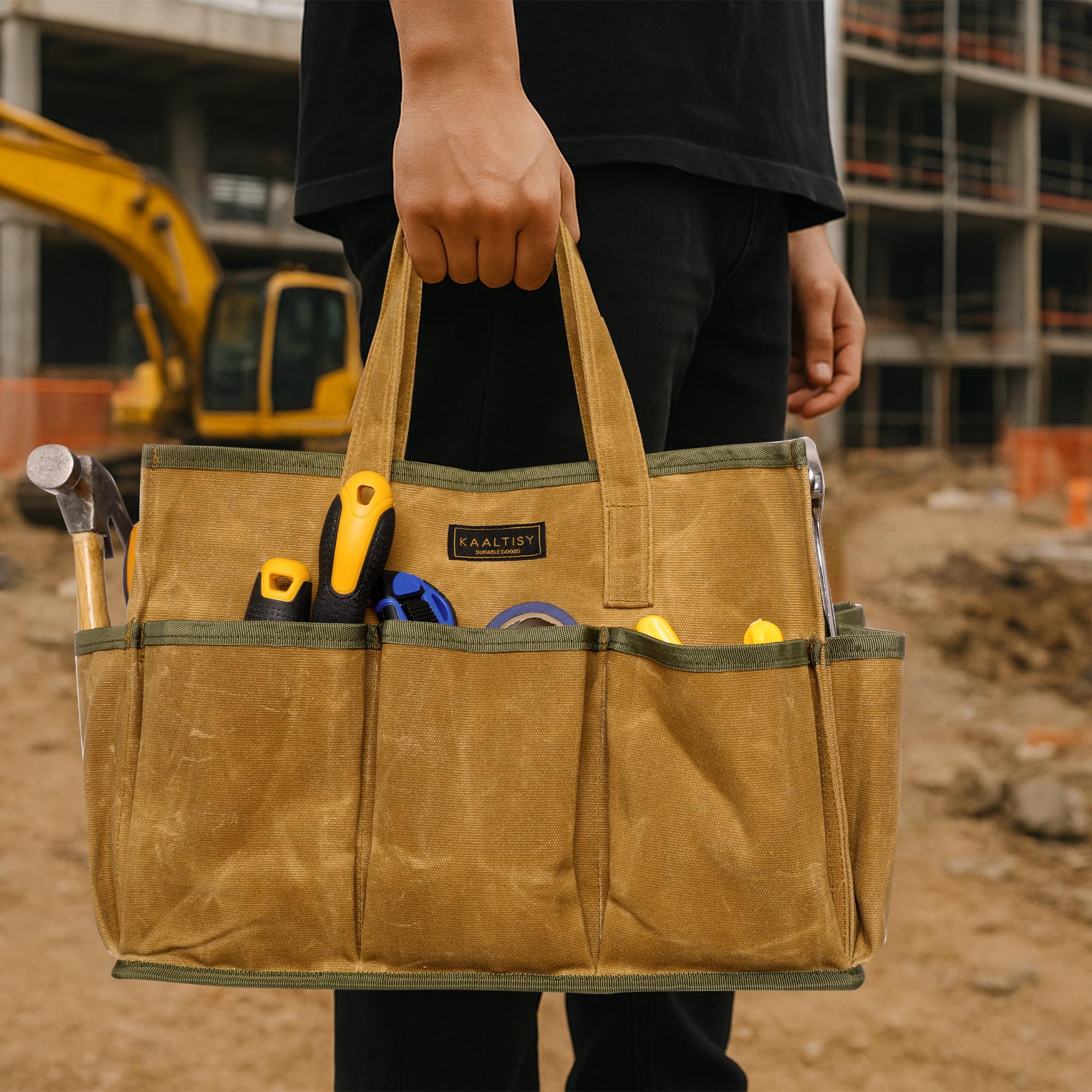 Bolsa de herramientas de lona encerada de 16 onzas, 1 bolsa de almacenamiento de herramientas de gran capacidad + 10 ranuras externas, multiusos, reutilizable, para jardinería, juego de carpintería,
