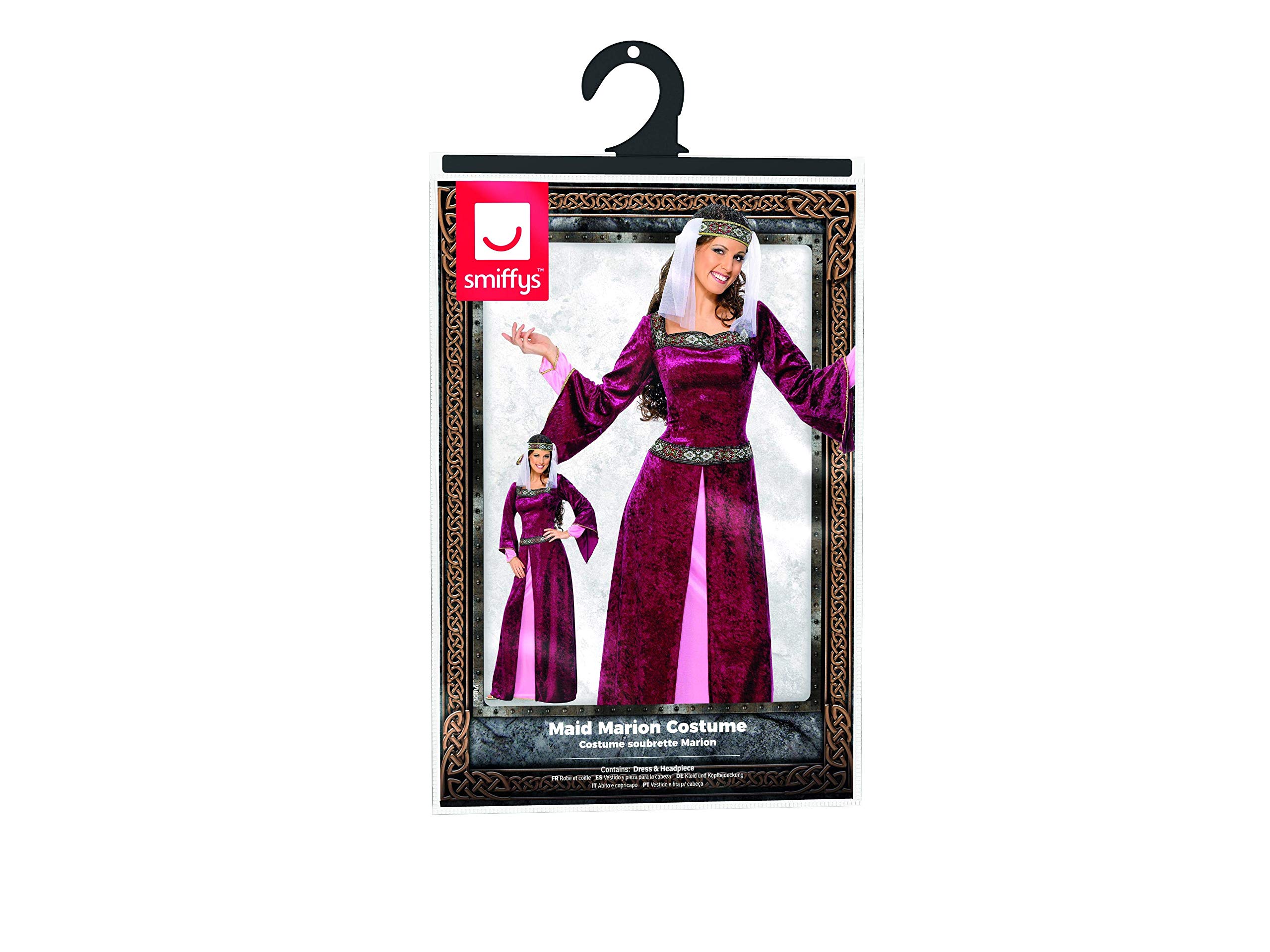 Smiffys Disfraz de Lady Marion, color borgoña, con vestido y pieza para la cabeza Halloween, Carnaval