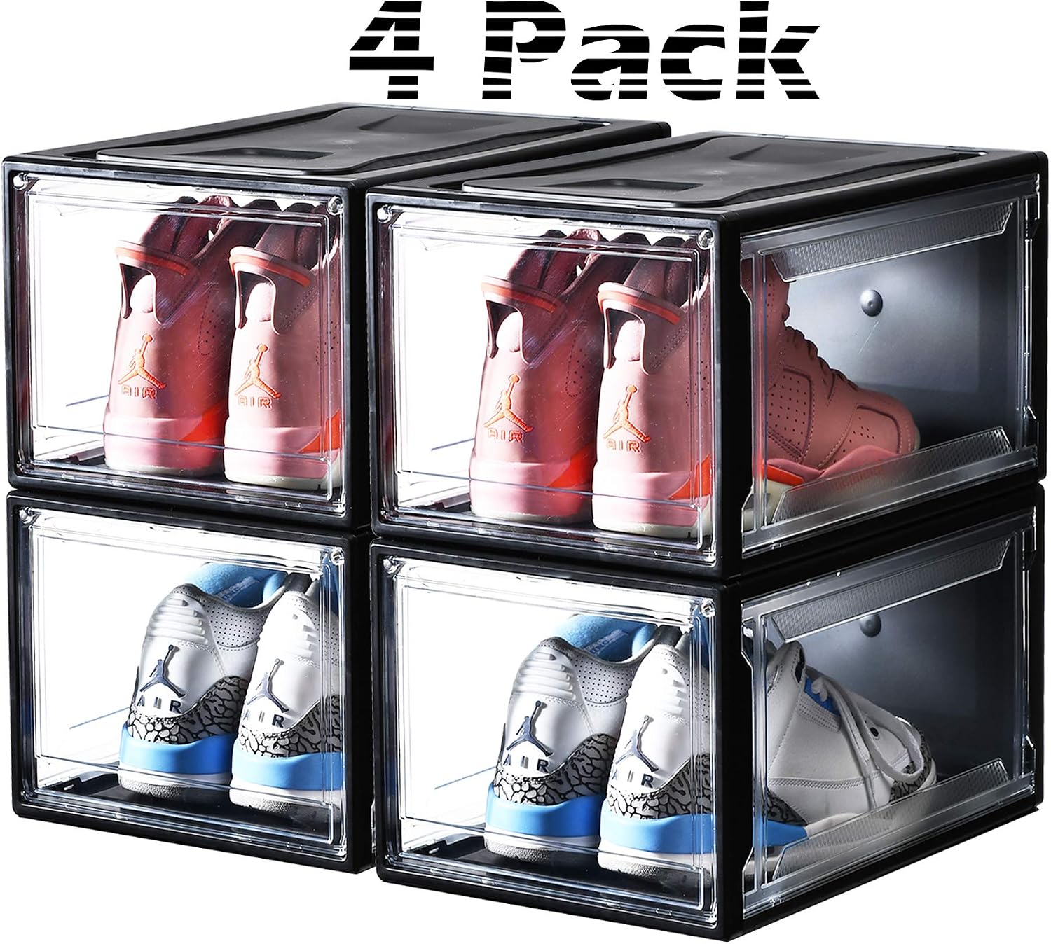 Altratech Shoe Organizer 4 Pack Drop-Front Shoe Box Large Size Shoe Organizer Stackable For Shoe Collection Display, Wide, Black