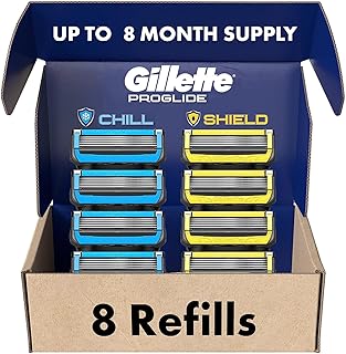 Gillette Mens Razor Blade Refills, 4 ProGlide Chill Cartridges, 4 ProGlide Shield Cartridges, Shields against Skin Irritation, Cools to sooth skin, 8 Count (Pack of 1)