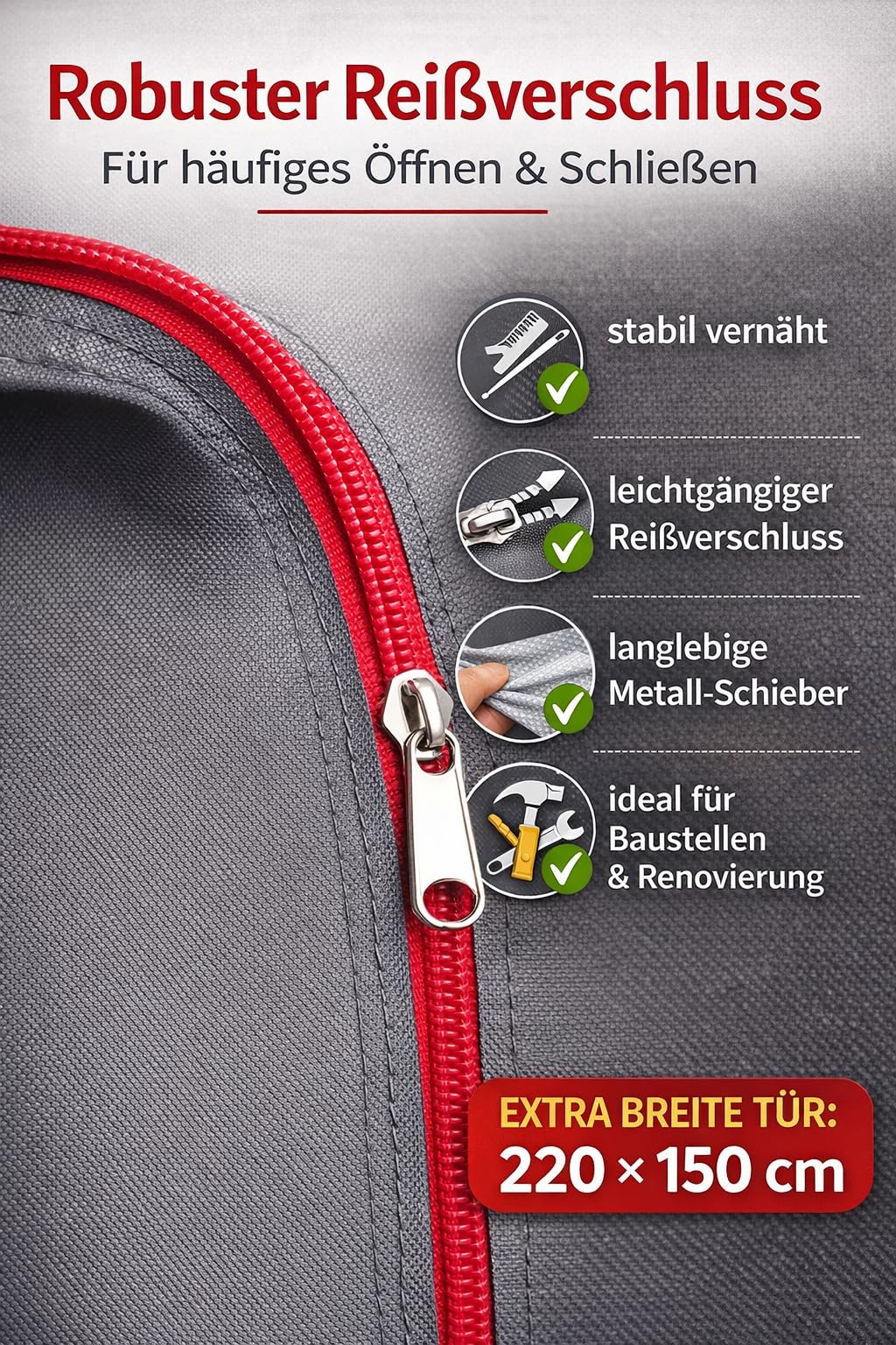 UNITEX PRO Porte anti-poussière 220 x 150 cm – B2 ignifuge et imperméable | Polyester robuste revêtu de polyuréthane | Lavable et réutilisable | Directement du fabricant