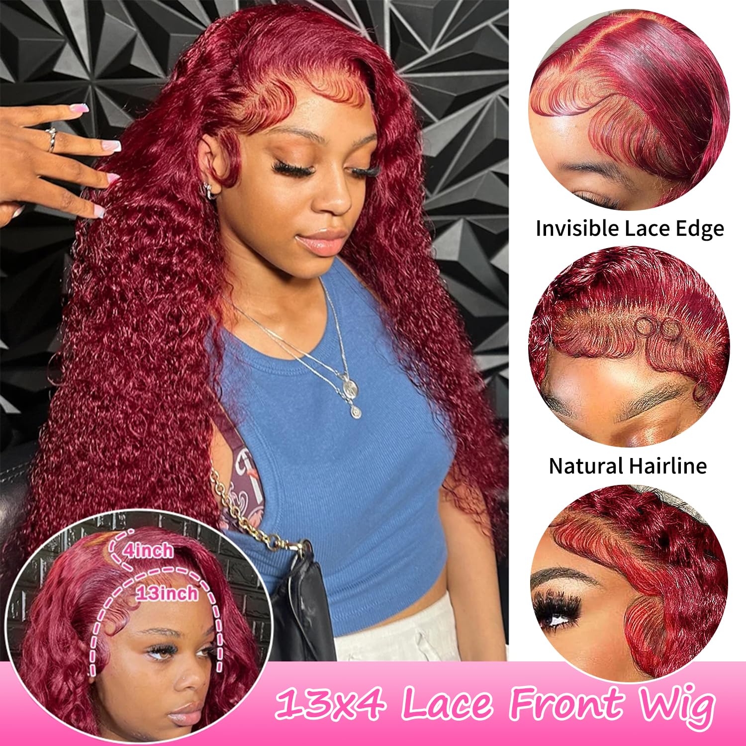 Wig burgundy deep wave not Red it’s burgundy wavy QVR Burgundy Deep Wave Lace Front Glueless Wig Human Hair  main image 2