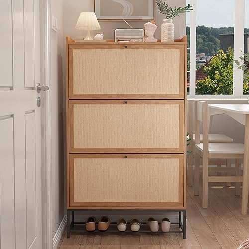 Miniatura 9 de AVZEAR Zapatero con 3 cajones abatibles, moderno zapatero estrecho para entrada, pasillo, dormitorio (natural)