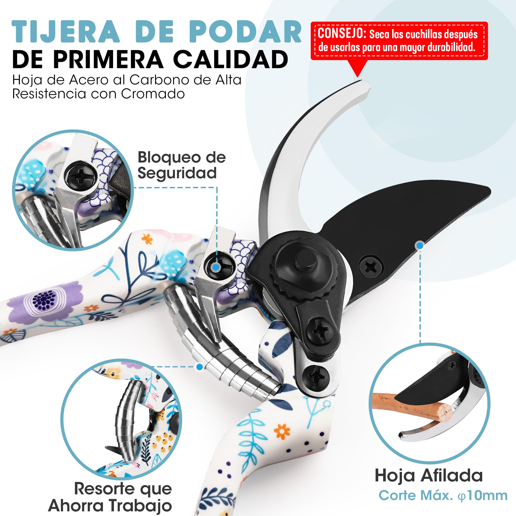 WORKPRO Herramientas Jardineria 4PC, Juego de Herramientas para Jardín con Rastrillo, Pala de Mano, Tijeras de Podar, Guantes, Estampado Floral