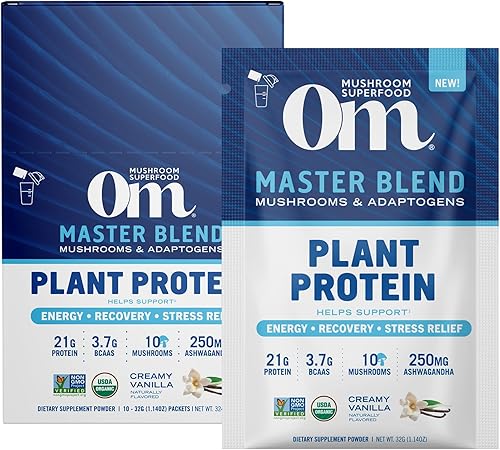 OM Mushroom Superfood Master Blend - Mezcla de hongos y adaptógenos, proteína vegetal cremosa de vainilla, porción individual, 10 unidades, 10