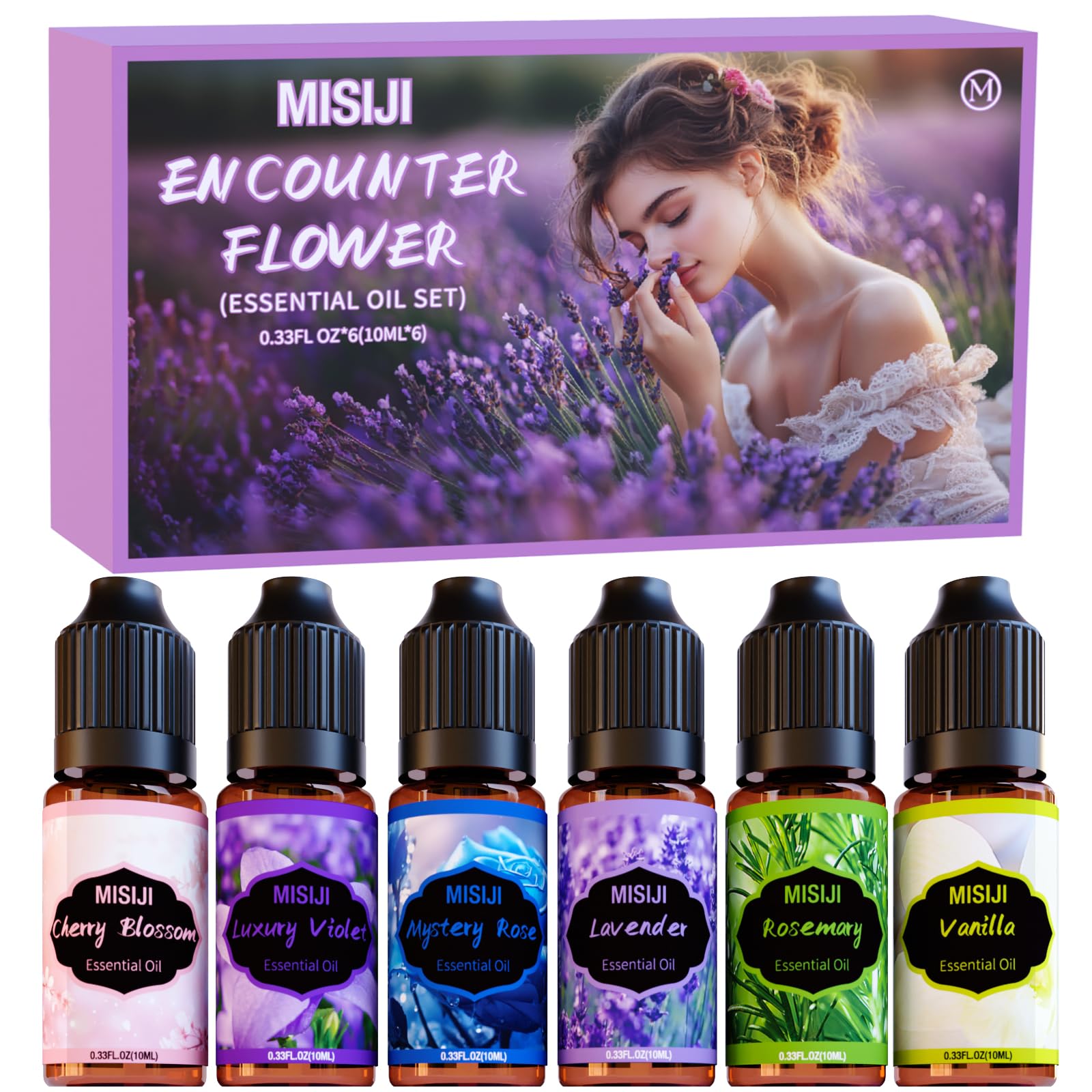 MISIJI Flores Aceites Esenciales para Humidificador Difusor- Flor de cerezo, rosa misteriosa, romero, vainilla, lavanda, violeta de lujo,6x10mL