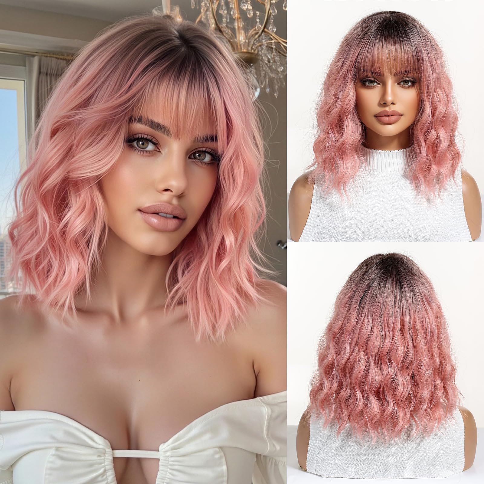 OUFEI Pink Bob Wigs for Women Short Wavy Wig With Bangs with Dark Roots Natural Synthetic Hair Heat Resistant Wigs for Daily Party Cosplay Wear