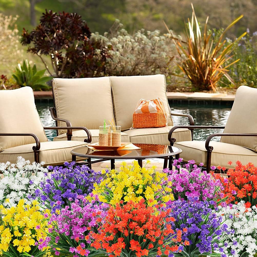 20 Bundles Artificial Outdoor Flowers Fake UV Resistant No Fade Greenery Faux Plants Shrubs for Indoor Outside Hanging Planter Home Office Wedding Farmhouse Decor (White)